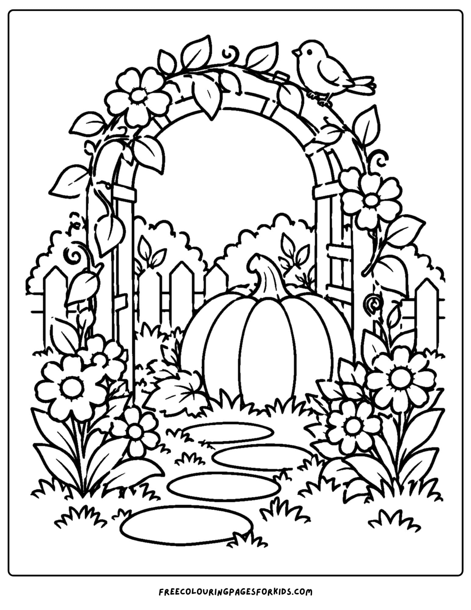 a coloring page of a pumpkin under a garden arch
