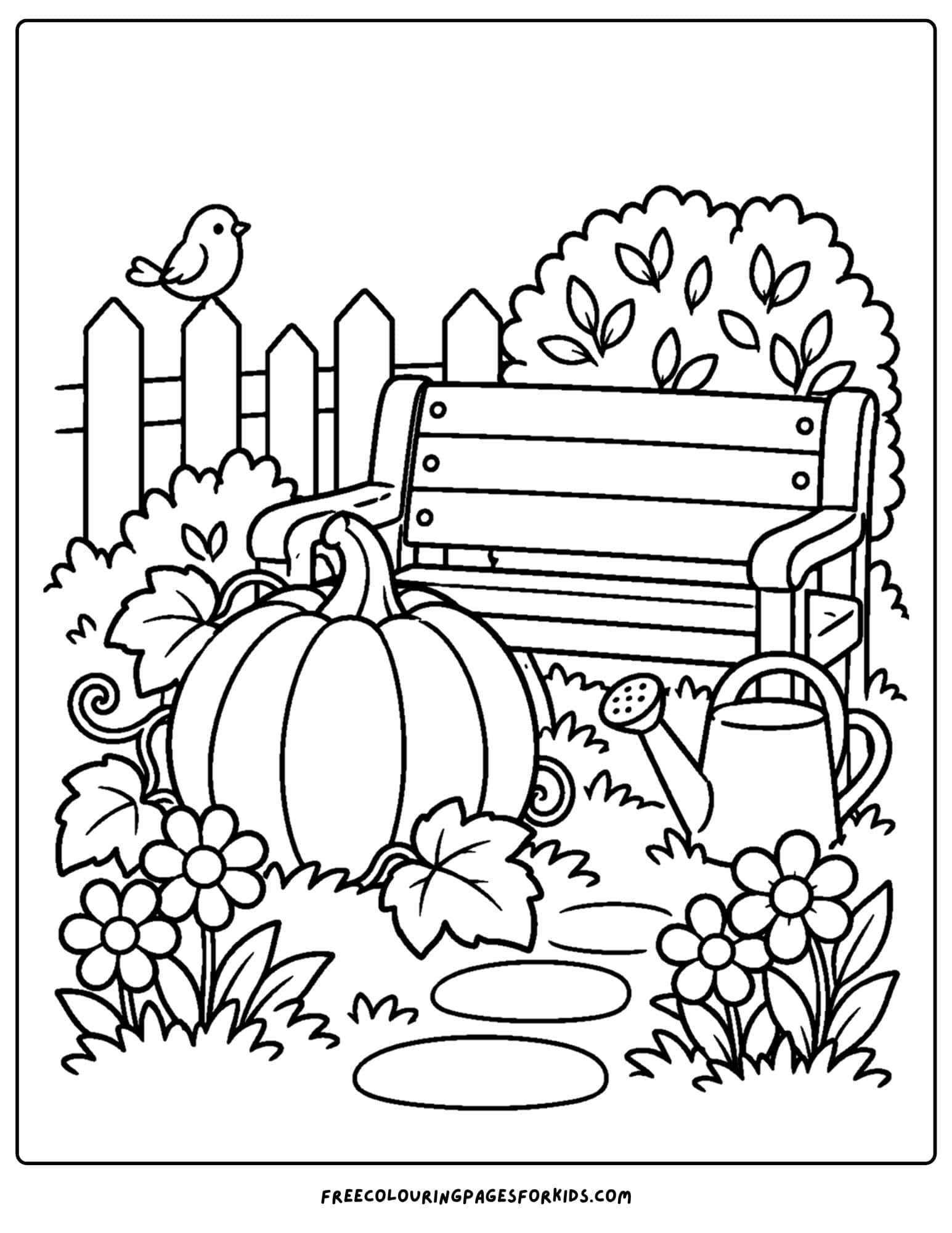 a coloring page of a pumpkin growing beside a garden bench