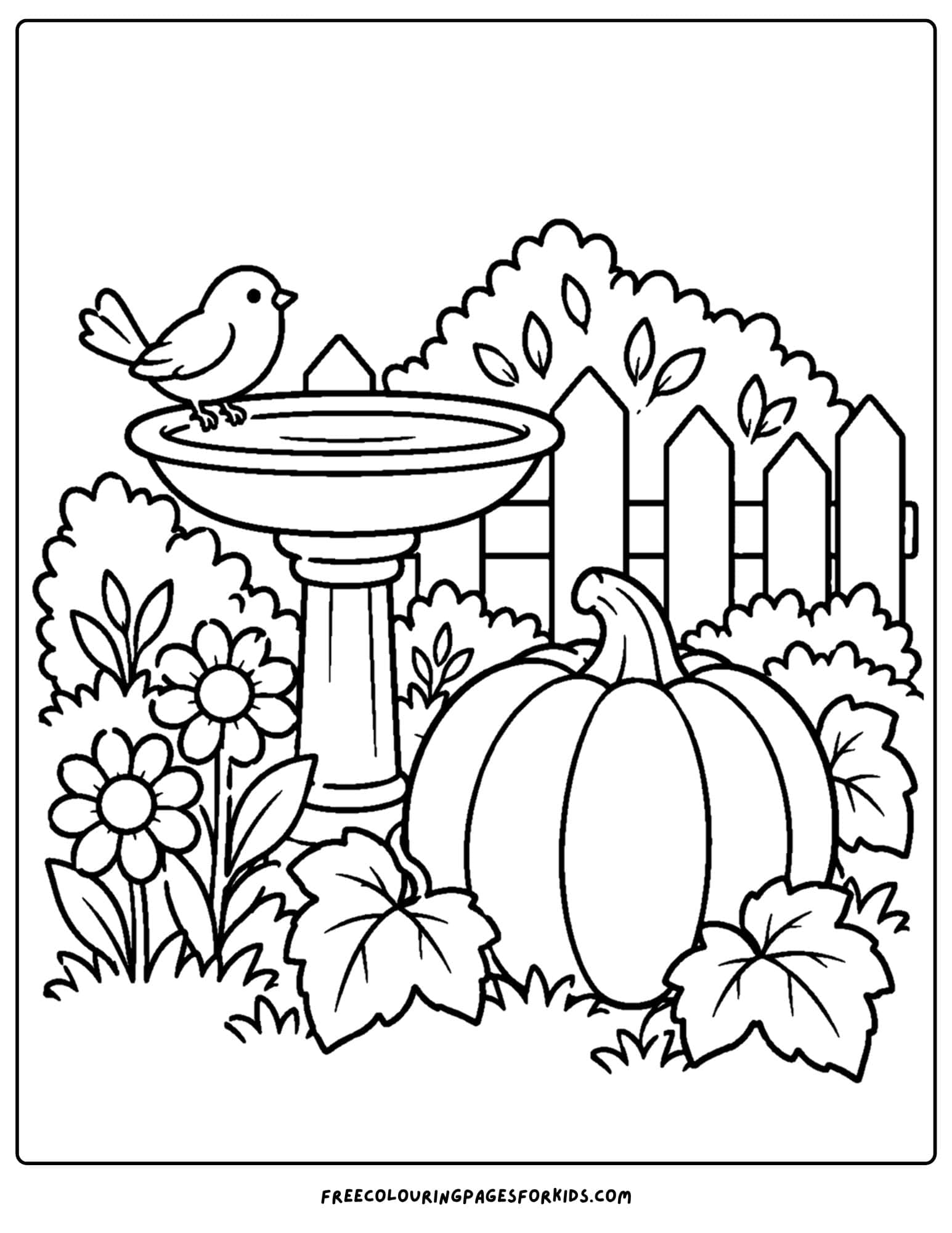 a coloring page of a pumpkin growing beside a bird bath in a garden