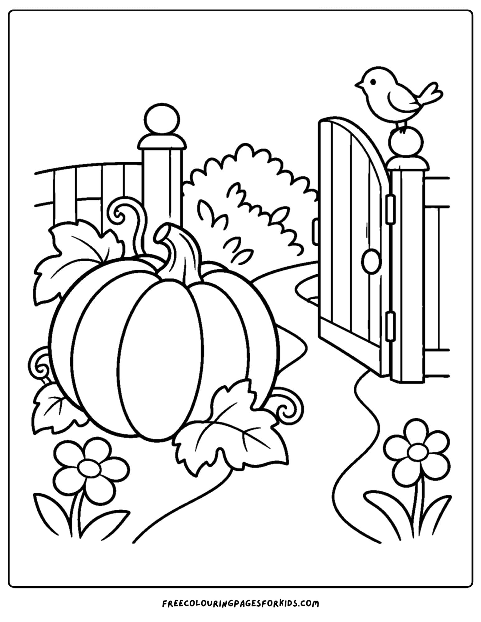 a coloring page of a pumpkin growing beside a garden gate