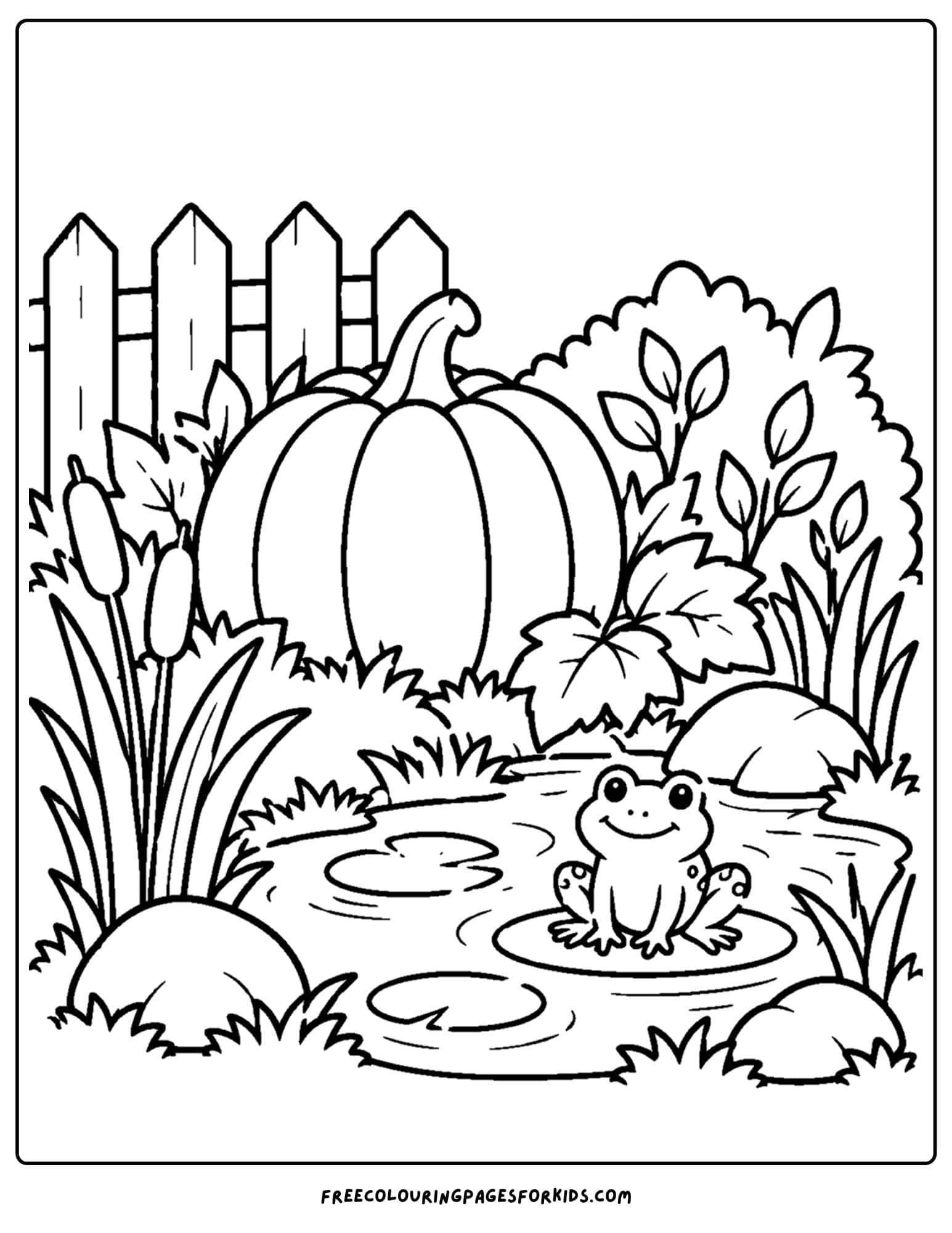 a coloring page of a pumpkin growing beside a pond