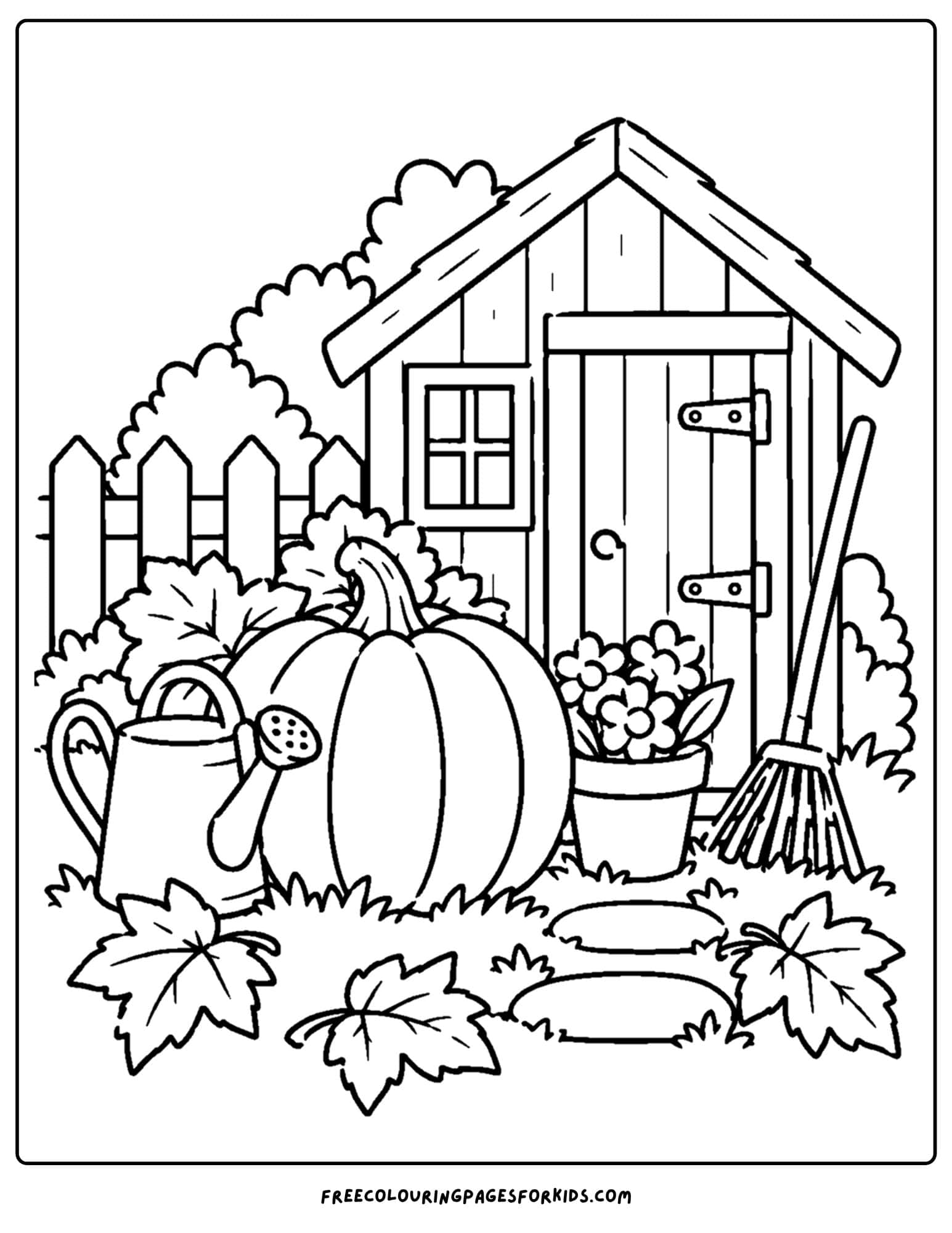 a coloring page of a pumpkin growing in front of a garden shed