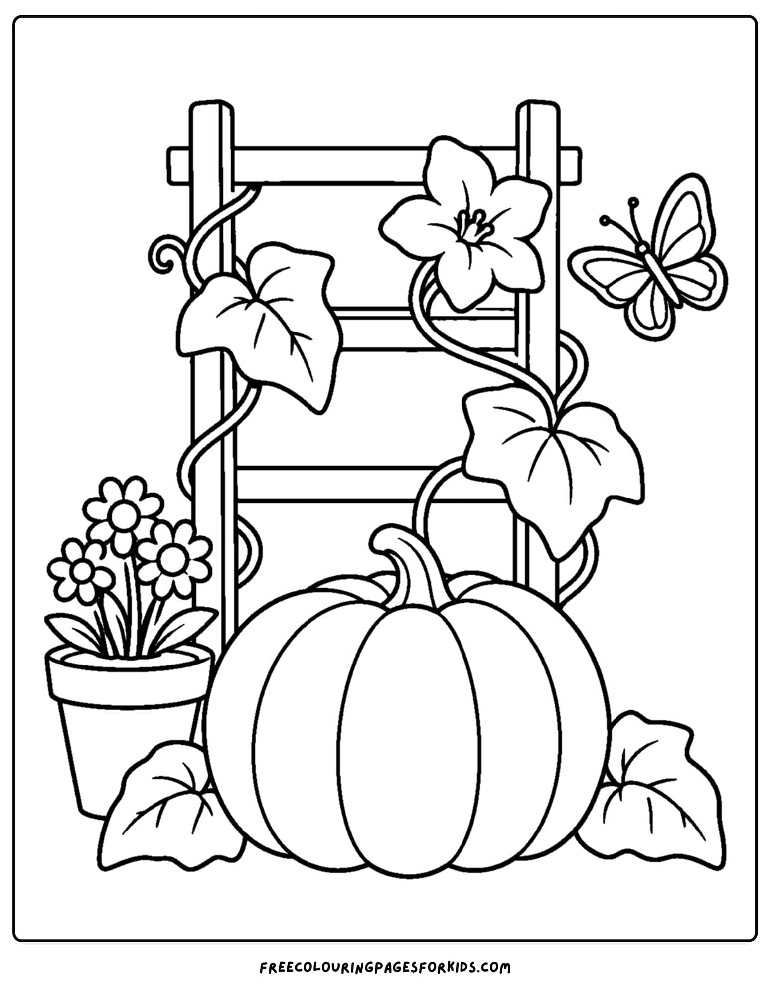 a coloring page of a pumpkin growing on a vine with a trellis