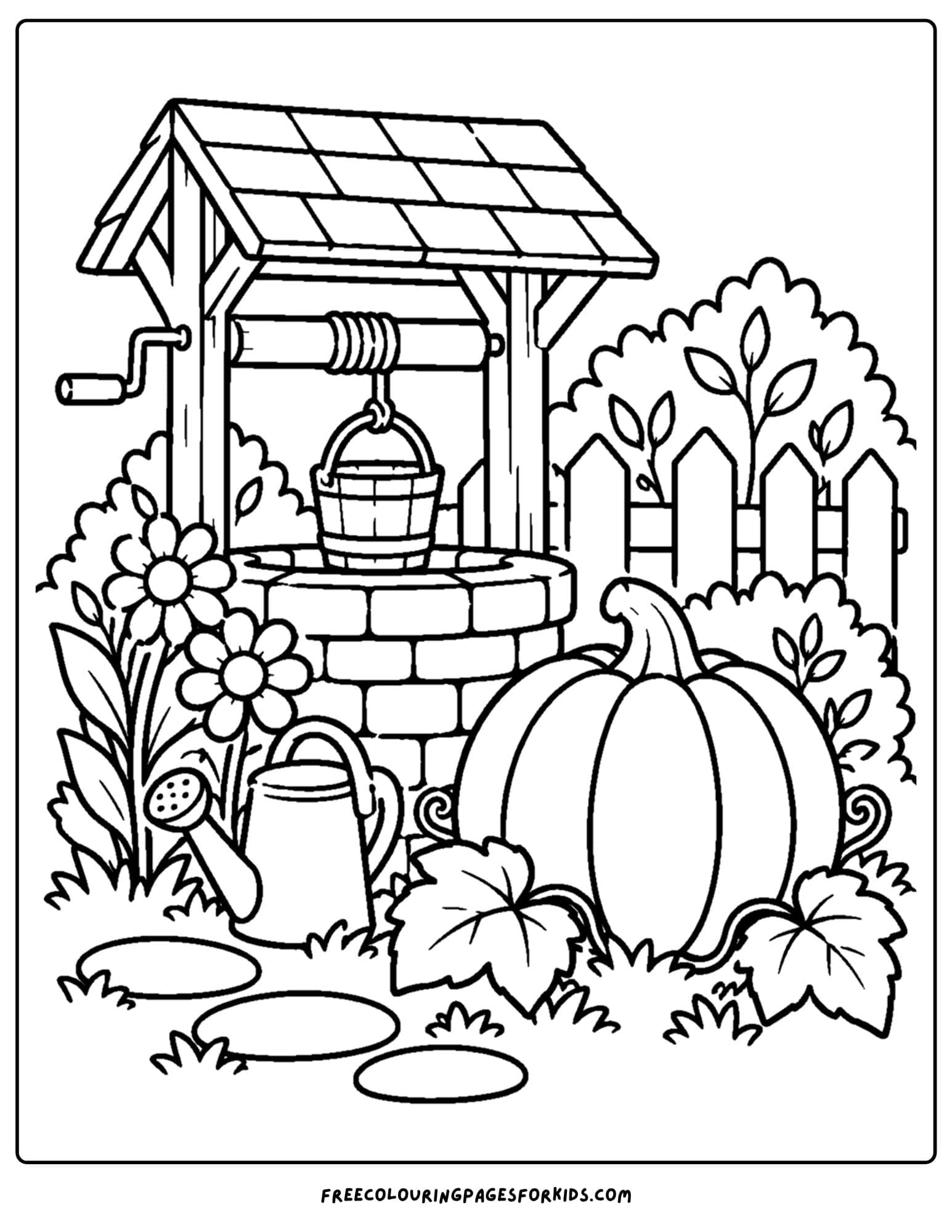 a coloring page of a pumpkin beside a garden well