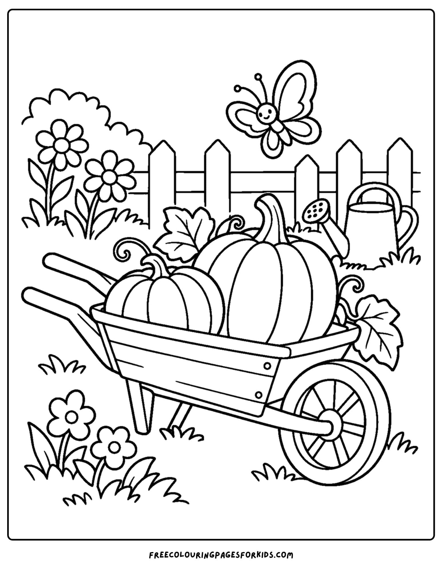 a coloring page of a pumpkin in a wheelbarrow in a garden