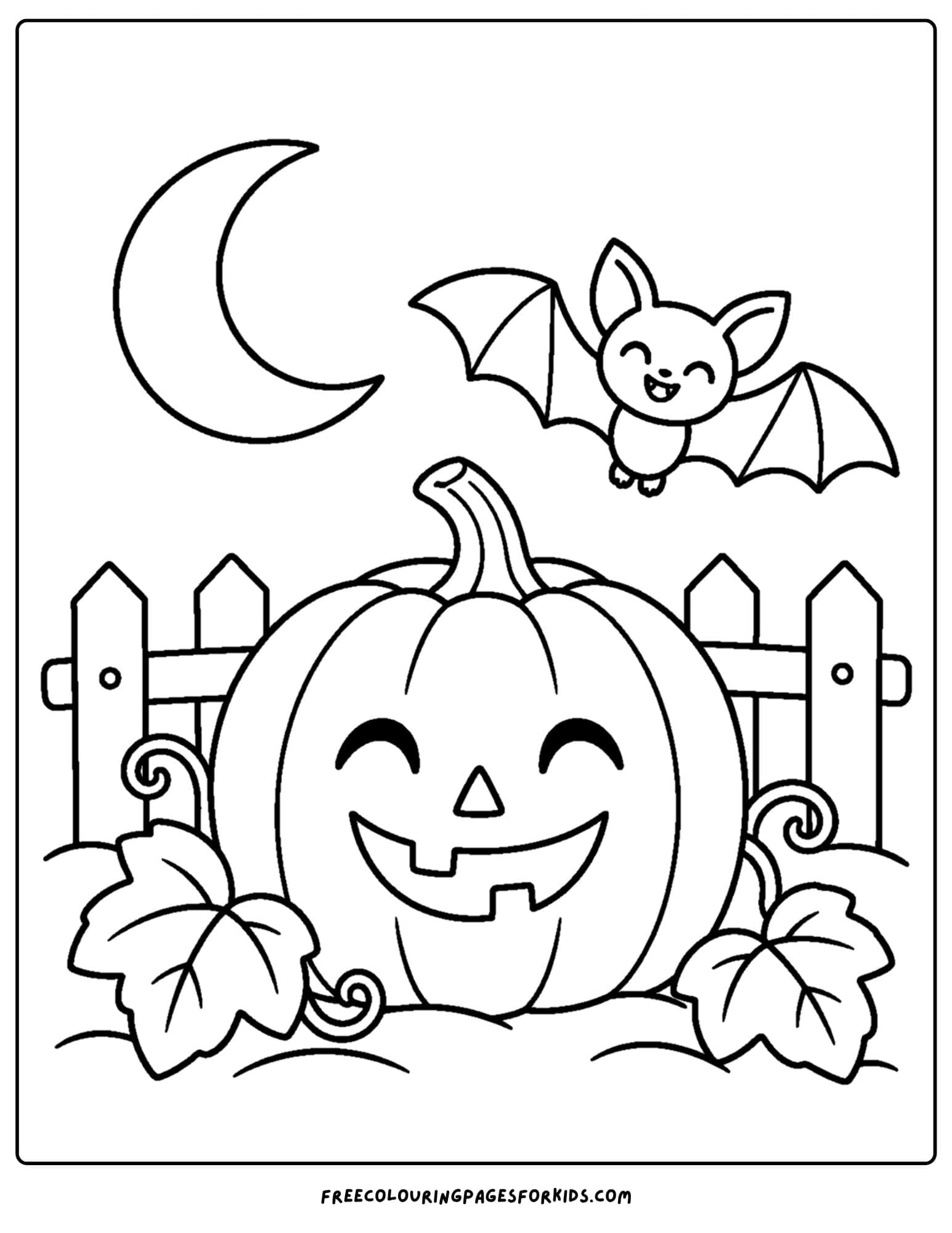 a coloring page of a pumpkin decorated for halloween with a bat flowing over