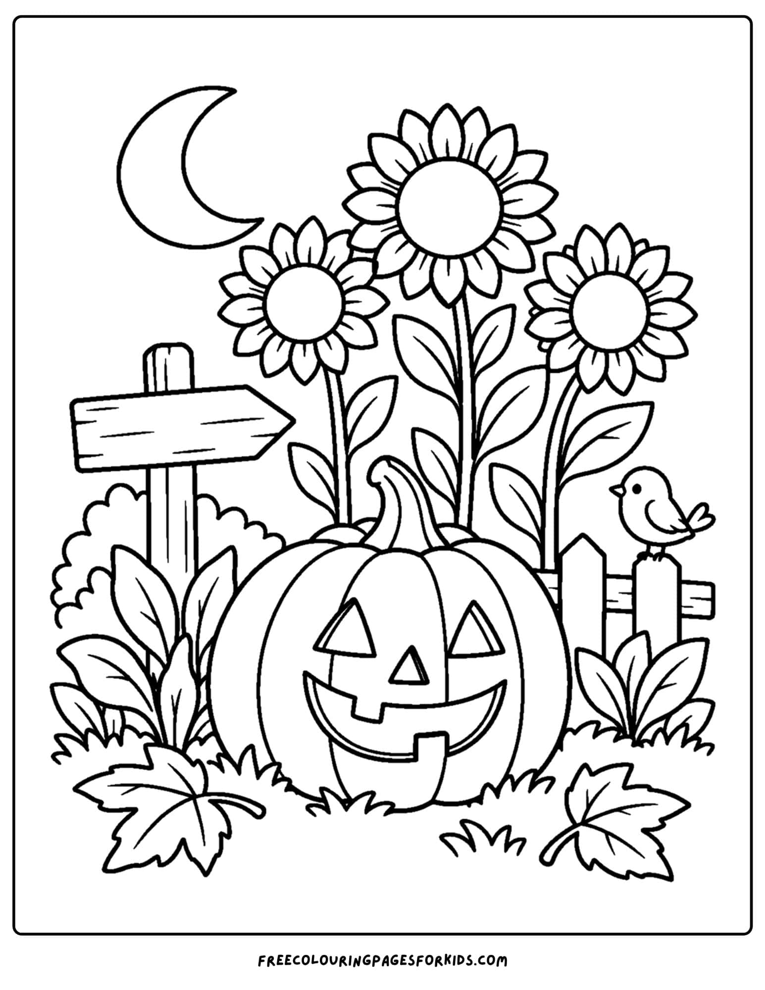 a coloring page of a halloween pumpkin in a garden