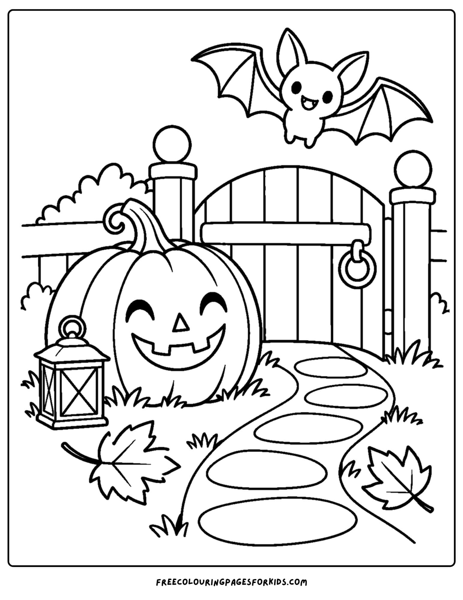 a coloring page of a pumpkin decorated or halloween along a garden path