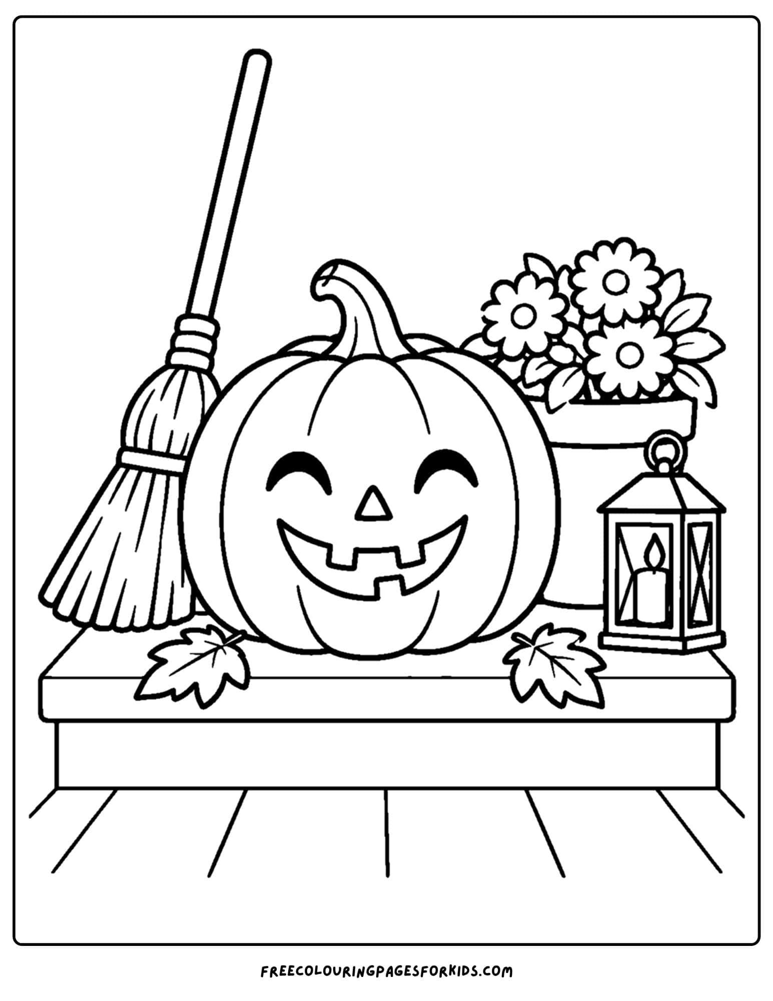 a coloring page of a pumpkin for halloween on a porch