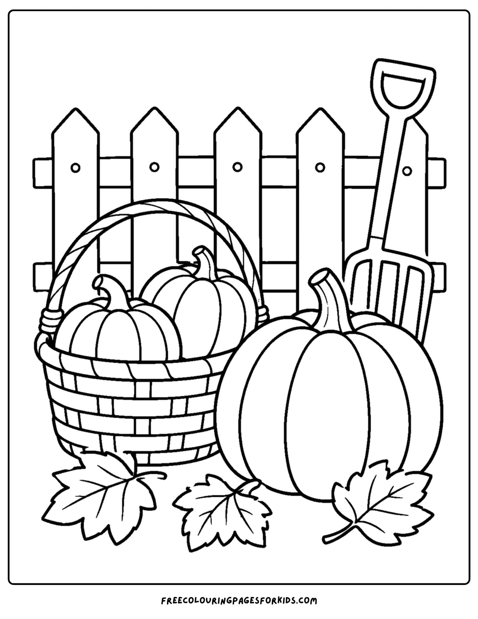a coloring page of a pumpkin in a basket of harvested vegetables