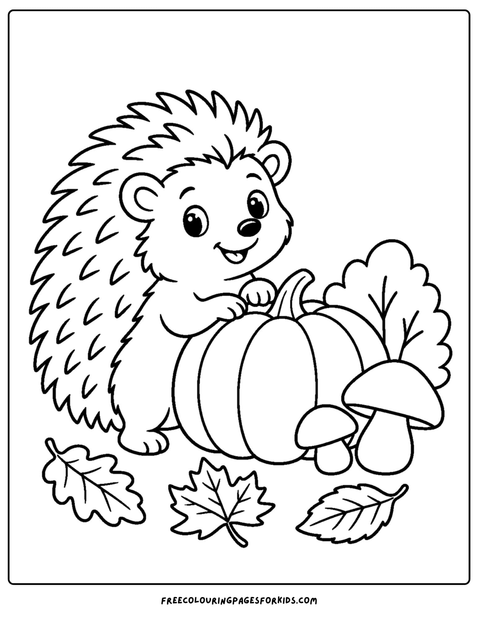 a coloring page of a pumpkin beside a hedgehog