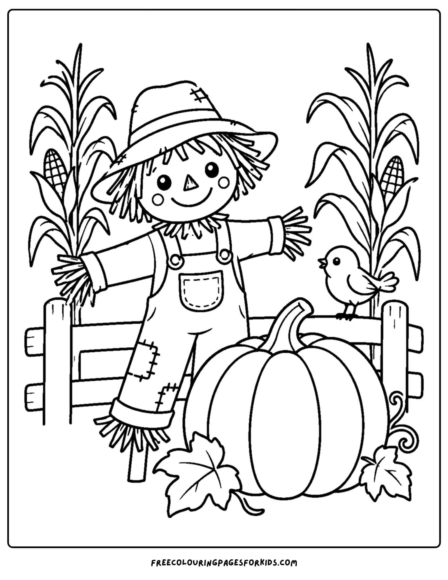 a coloring page of a pumpkin a scarecrow and cornstalks in a field