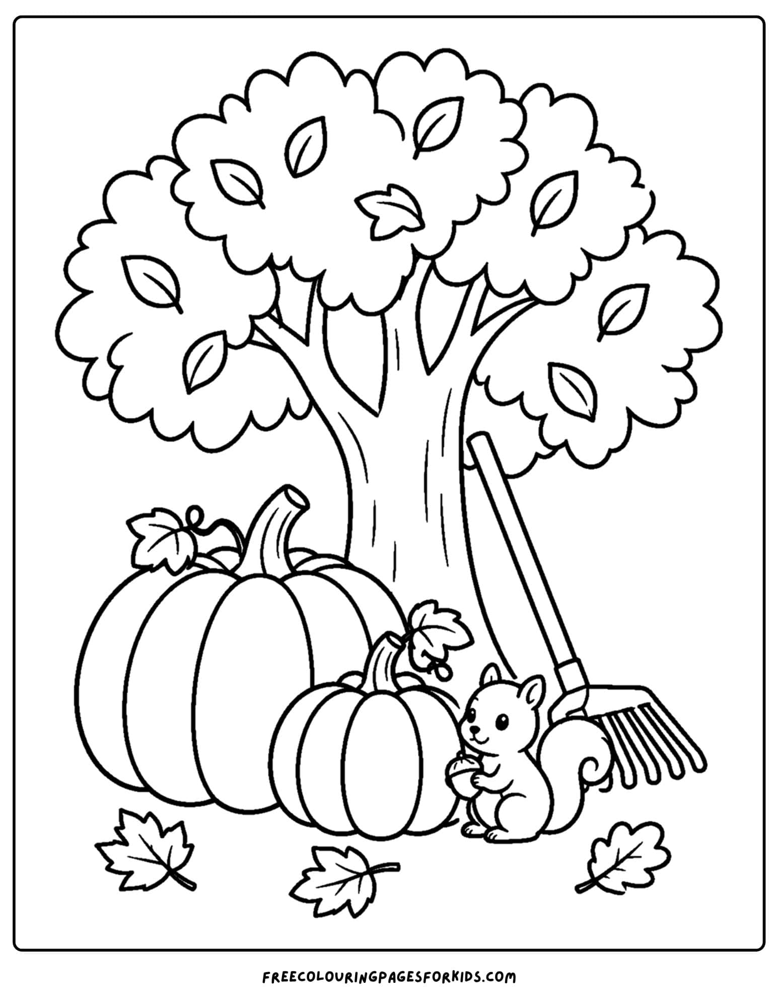 a coloring page of a pumpkin with a squirrel under a tree