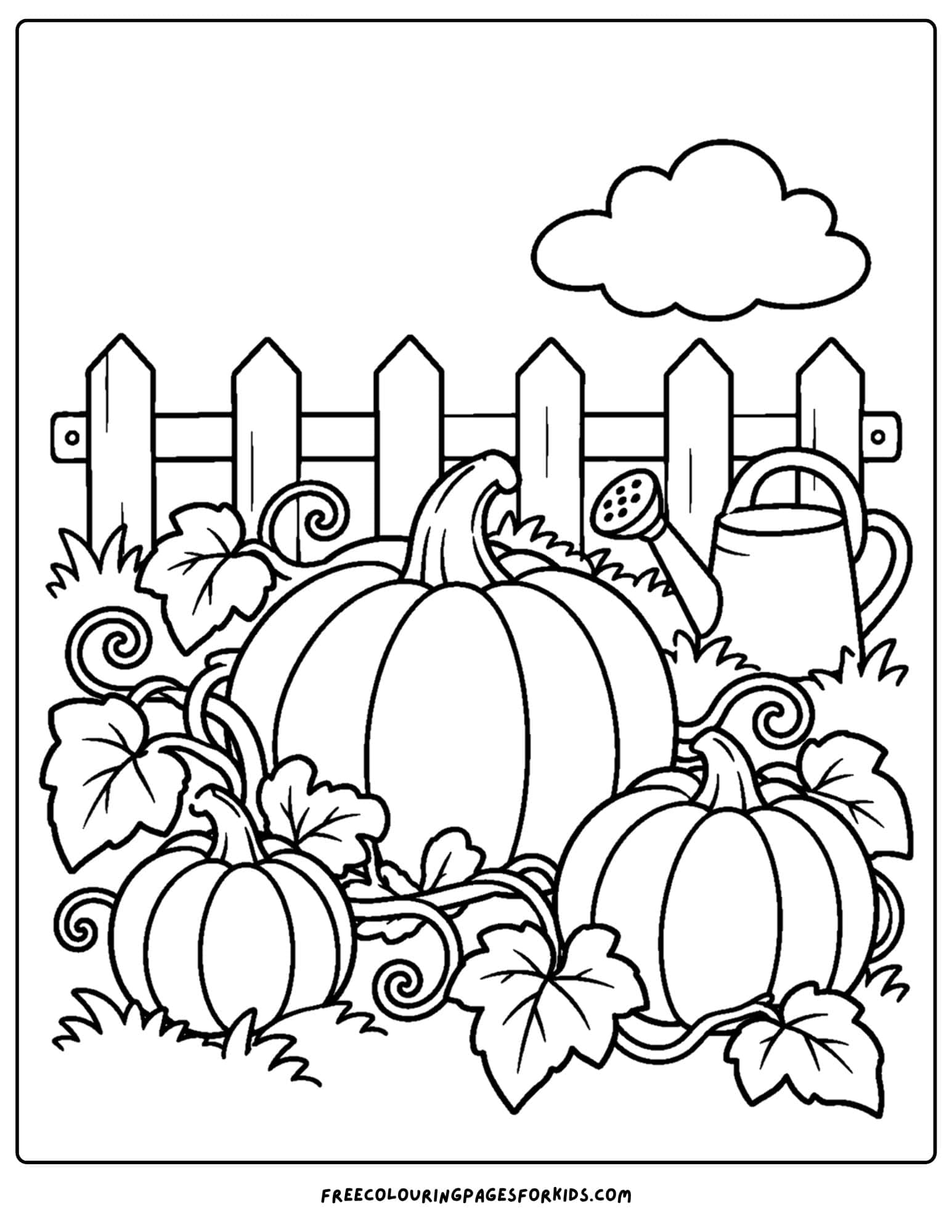 a coloring page of a pumpkin patch beside a picket fence