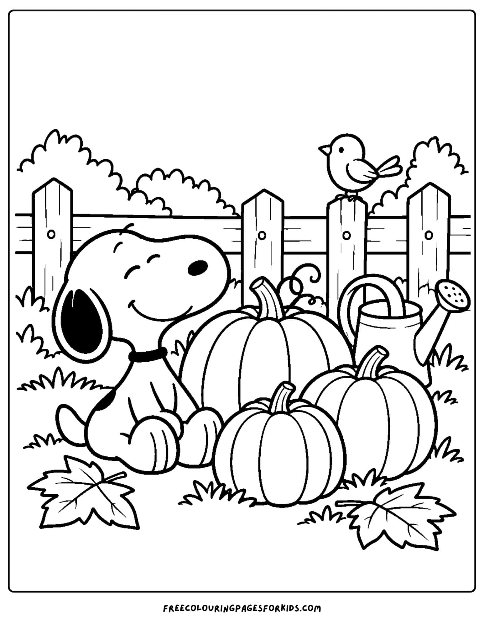 a coloring page of snoopy in a pumpkin patch