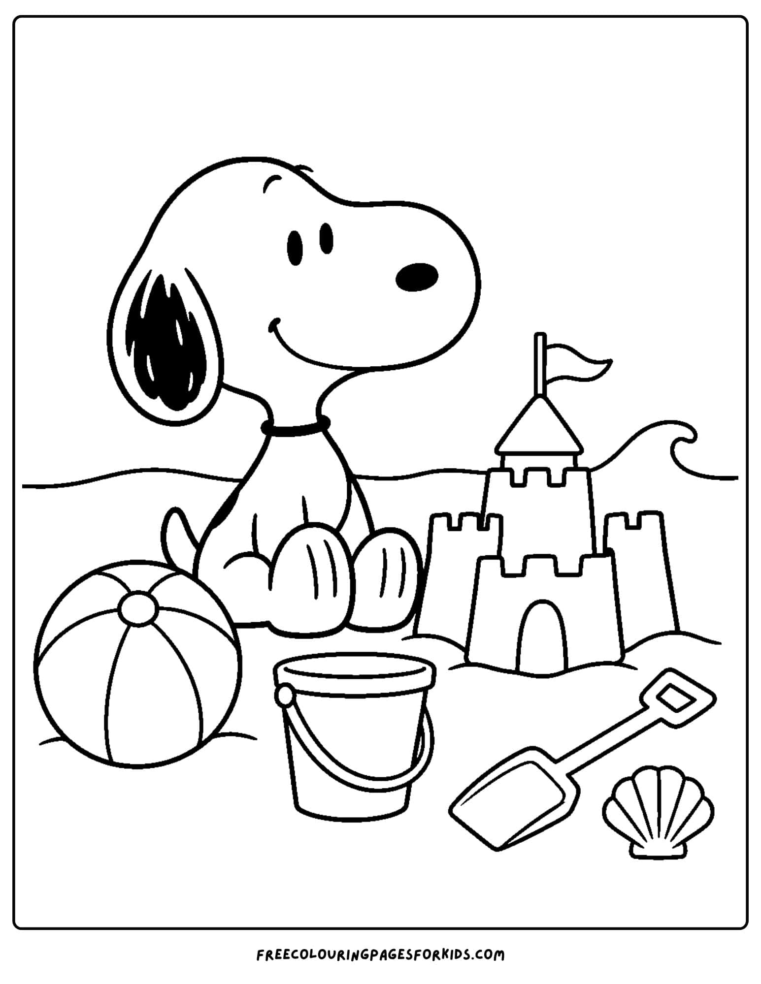 a coloring page of snoopy sitting on the beach beside a sandcastle