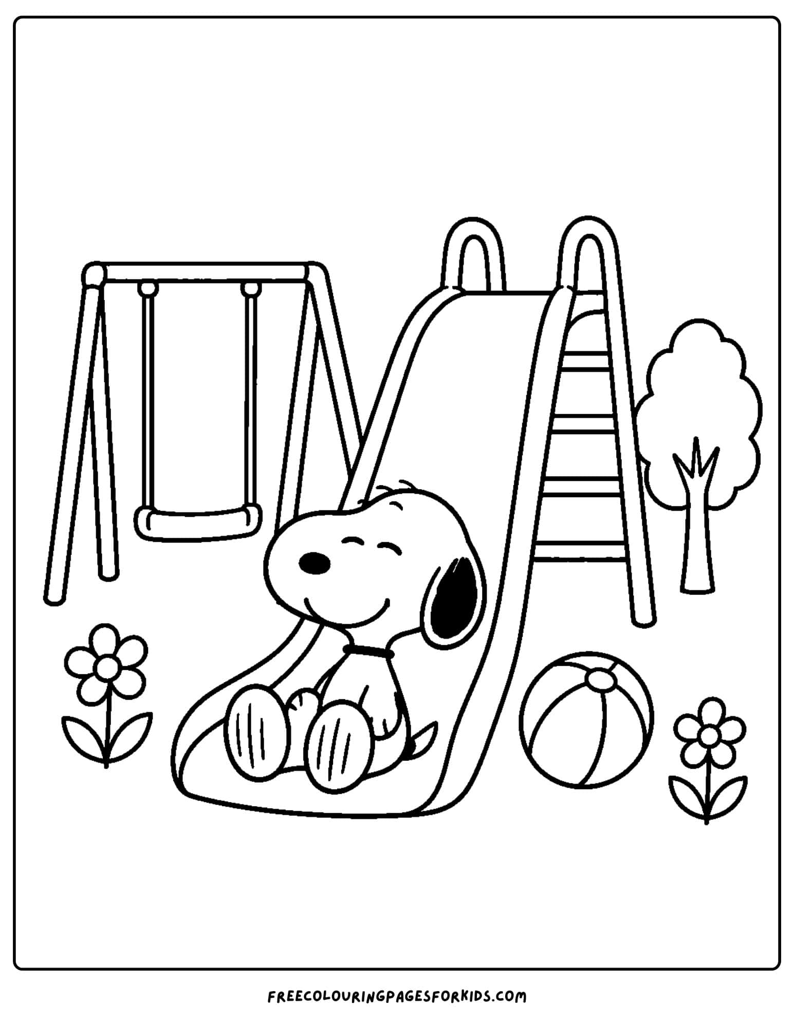a coloring page of snoopy playing at a playground