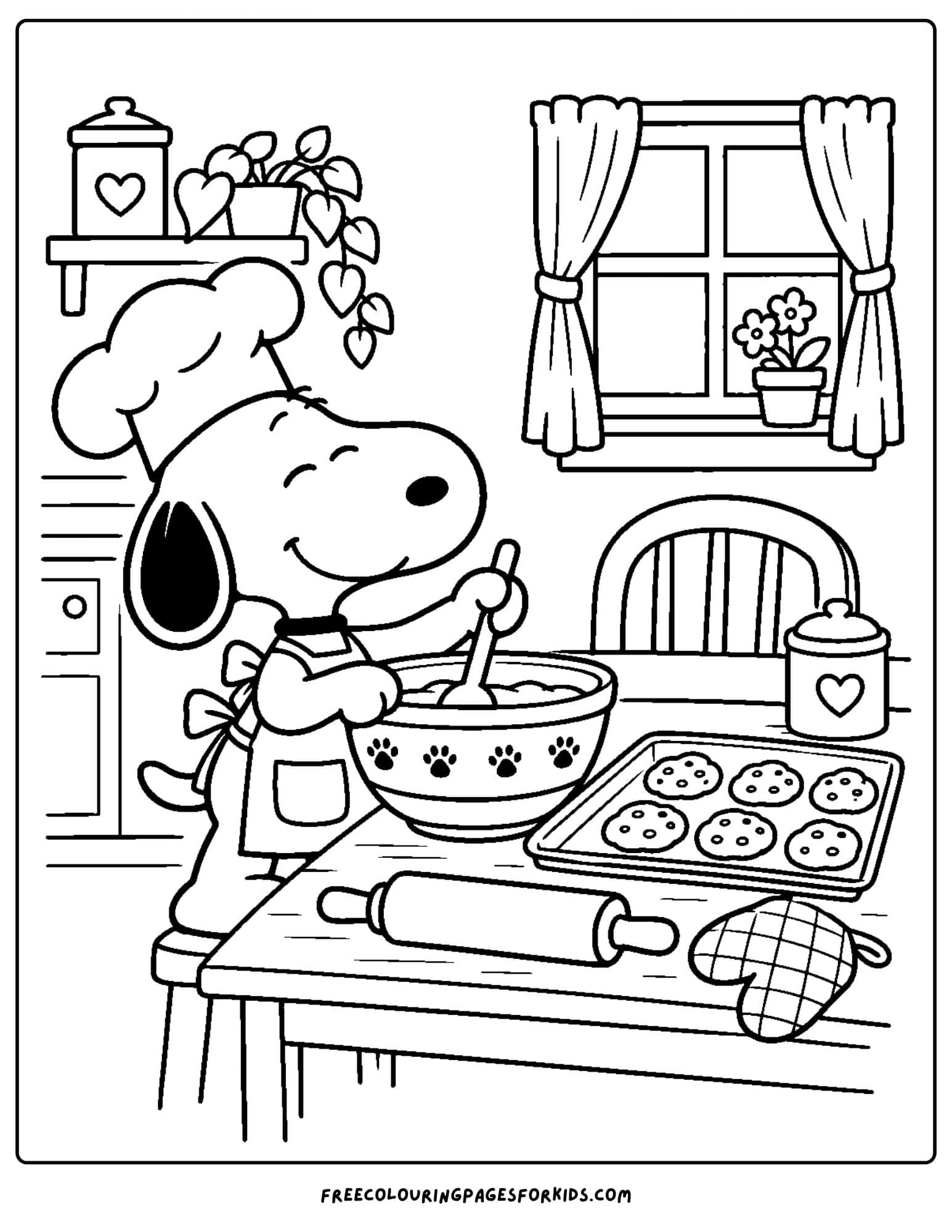a coloring page of snoopy baking cookies