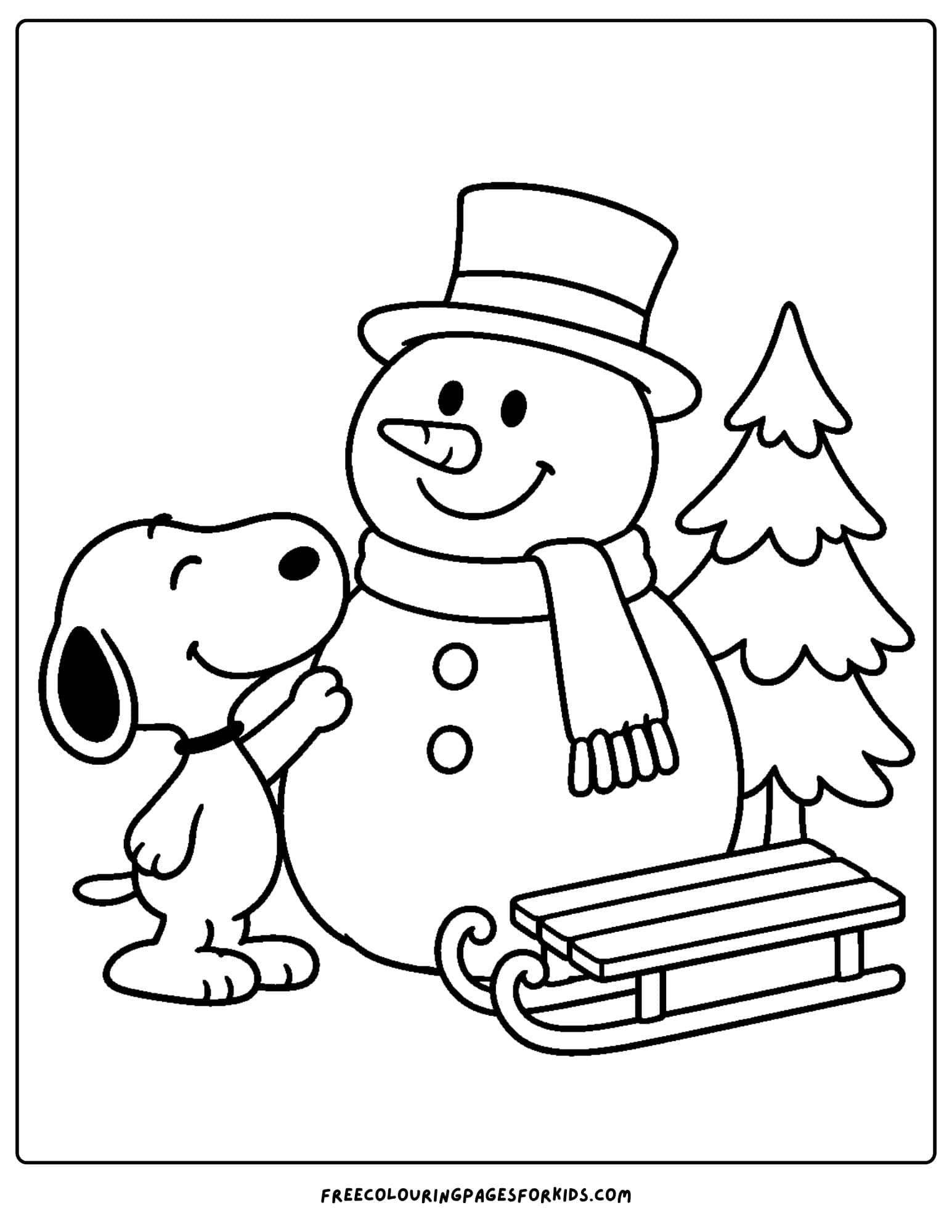 a coloring page of snoopy building a snowman