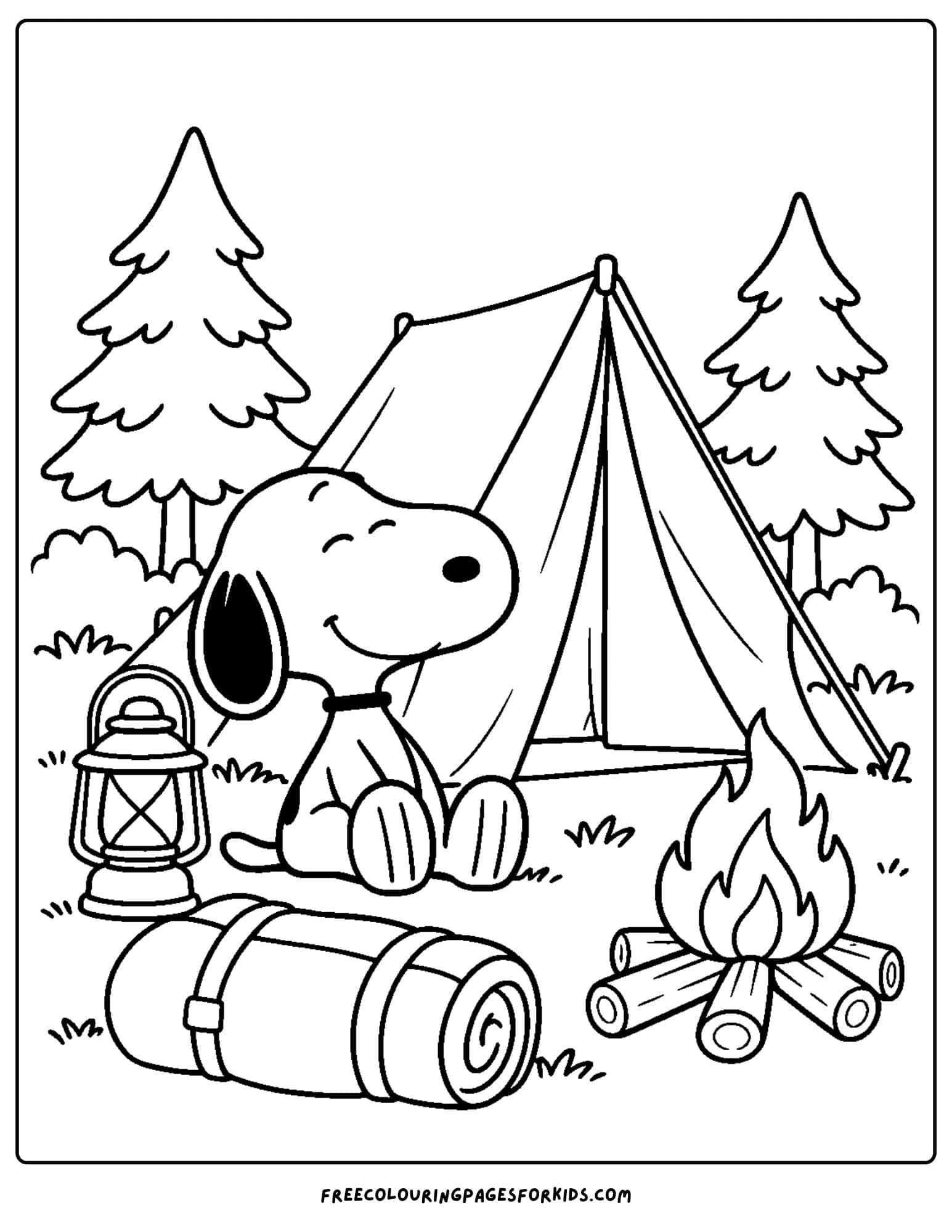a coloring page of snoopy camping with a tent