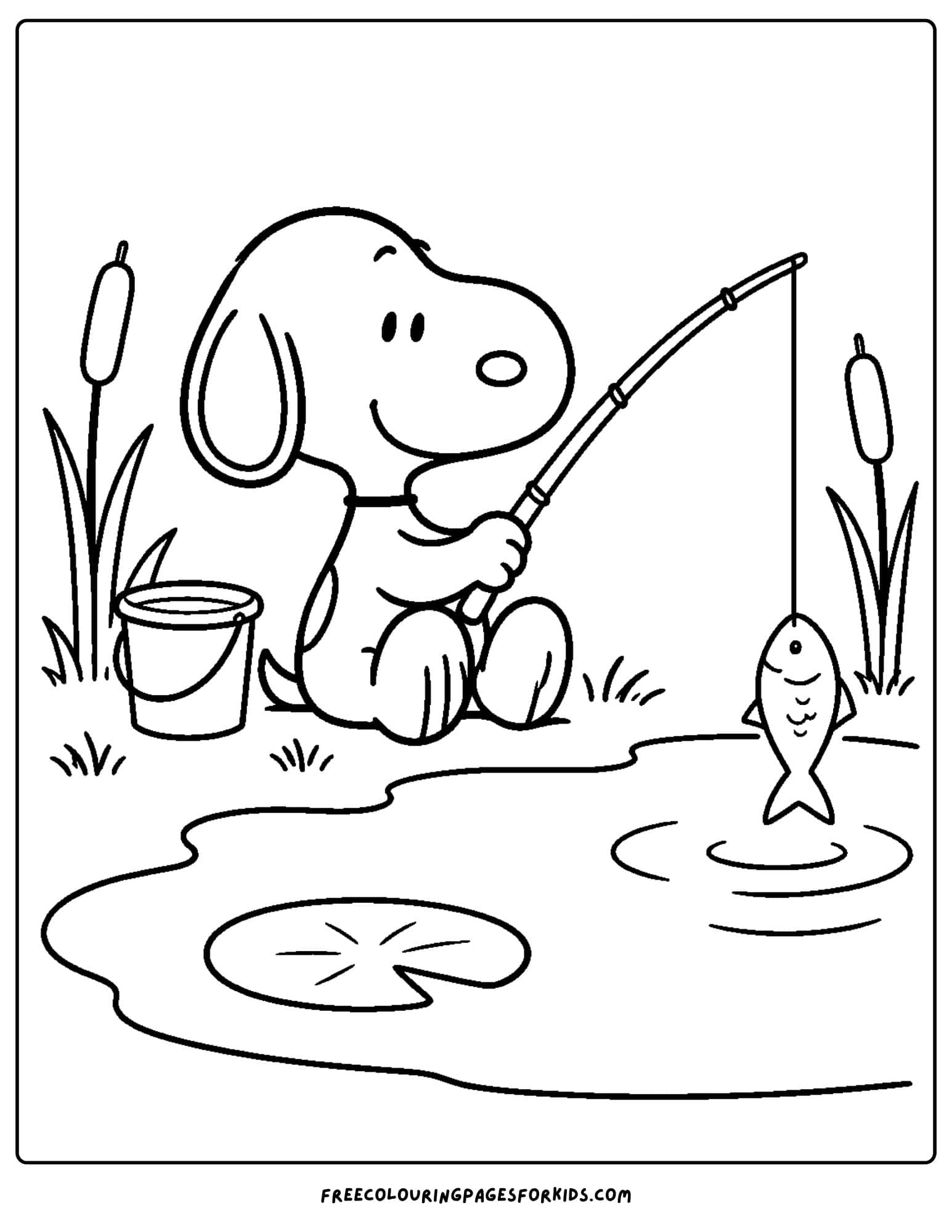 a coloring page of snoopy fishing in a pond