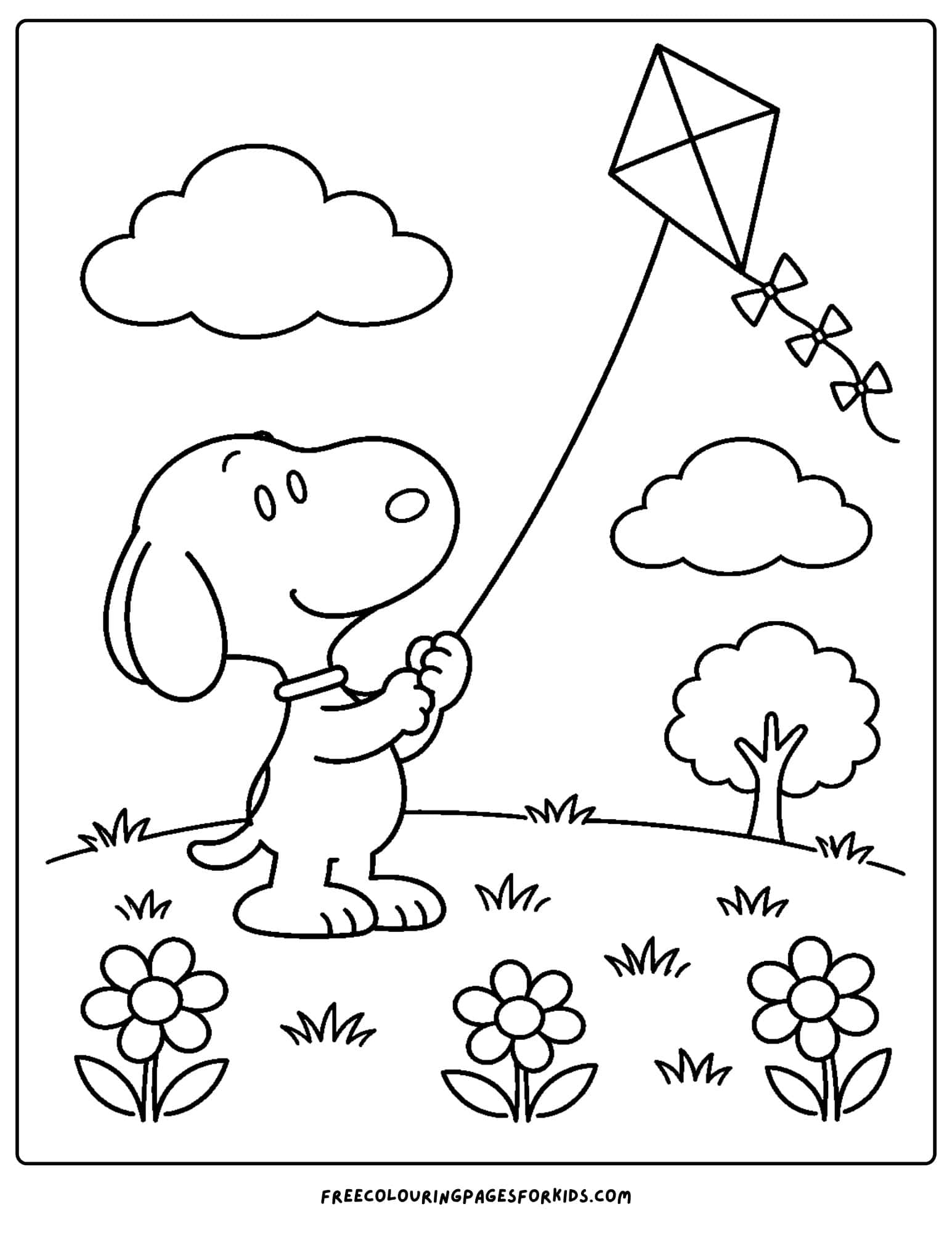 a coloring page of snoopy flying a kite