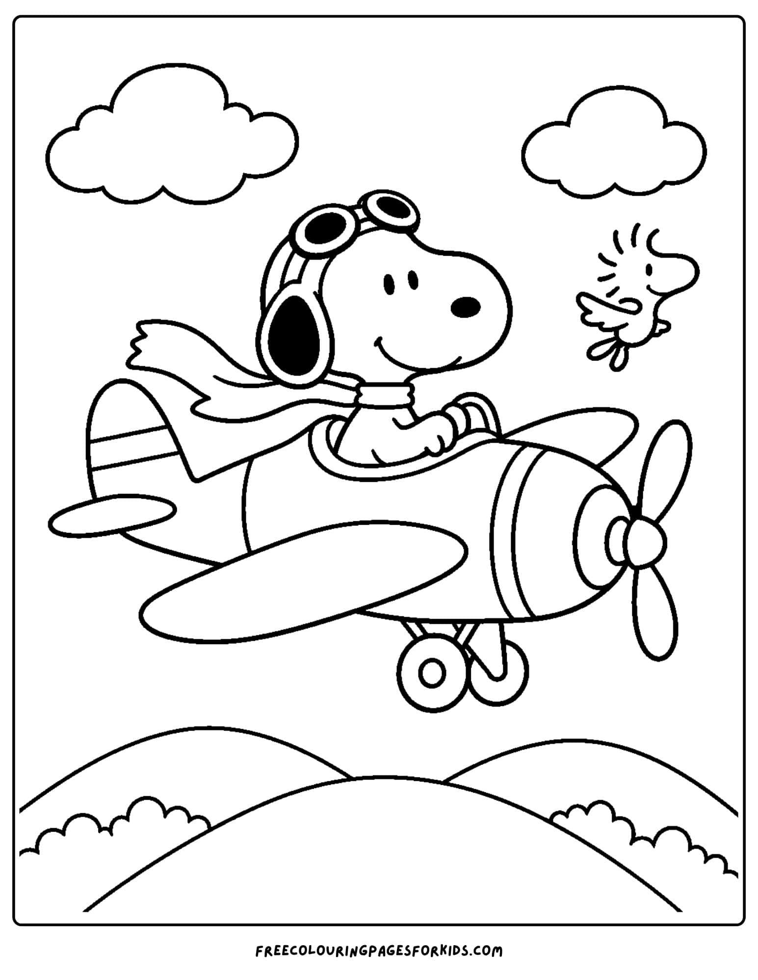 a coloring page of snoopy flying an airplane