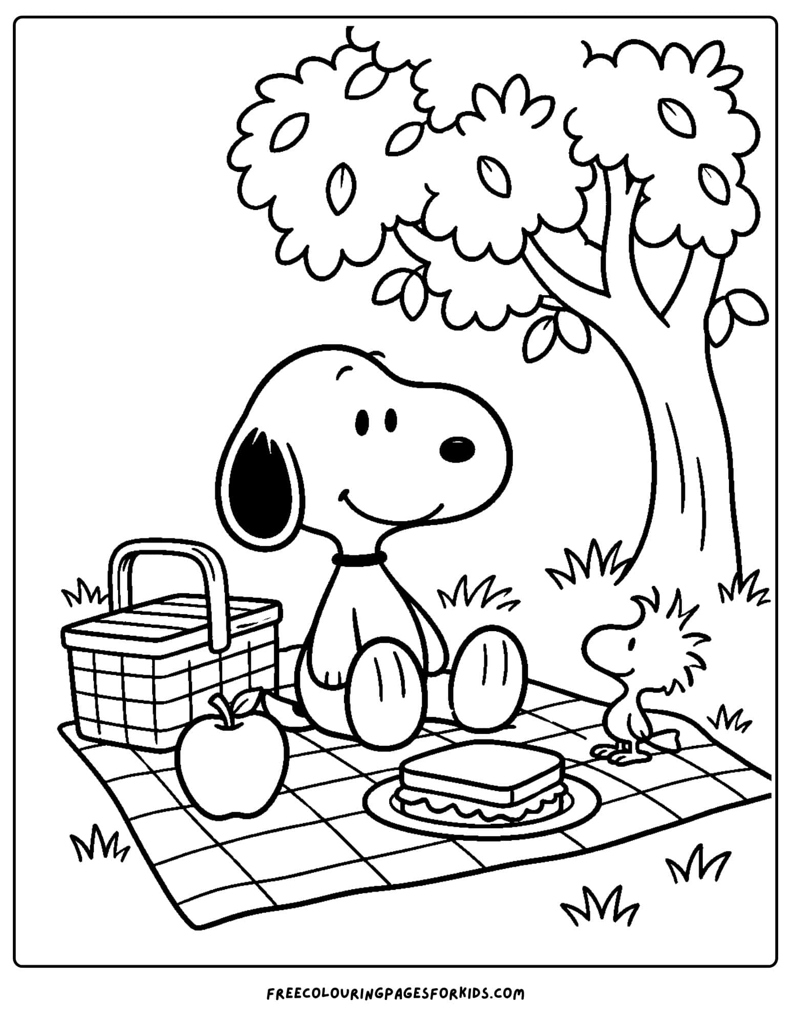 a coloring page of snoopy having a picnic