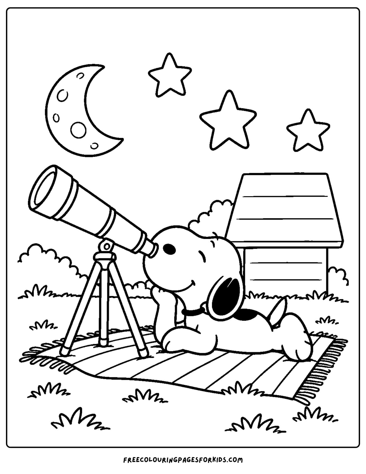 a coloring page of snoopy looking at the stars with a telescope