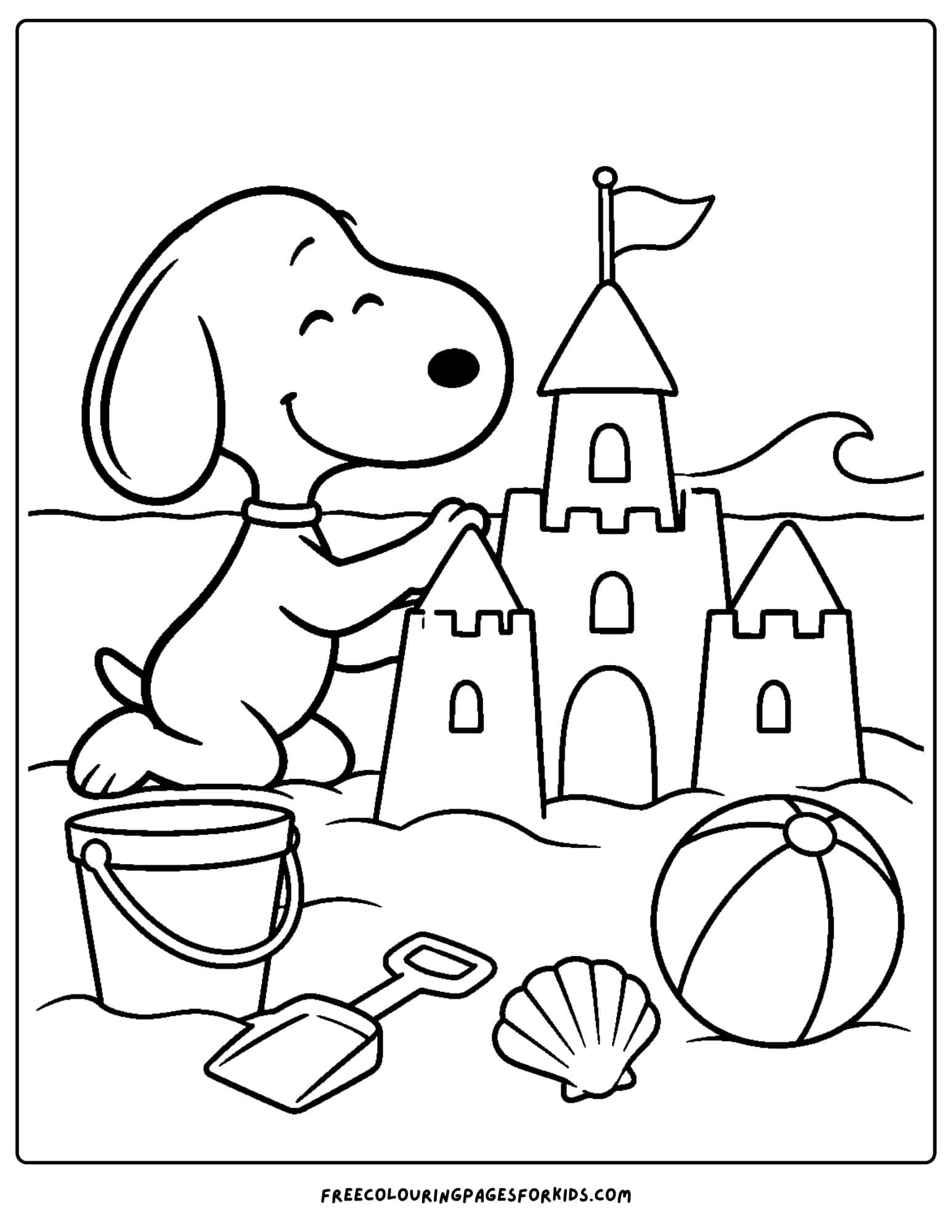 a coloring page of snoopy making a sandcastle