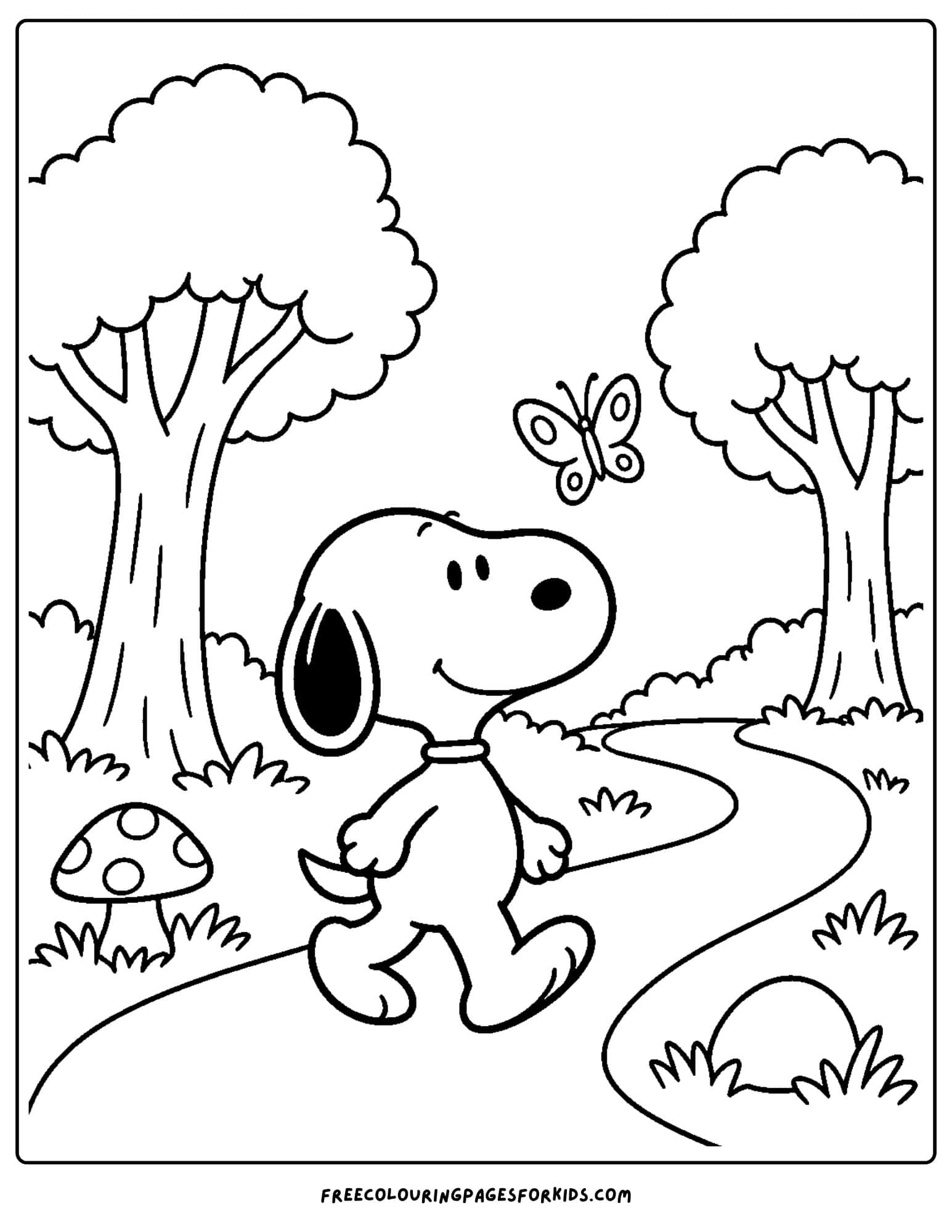 a coloring page of snoopy on a nature walk