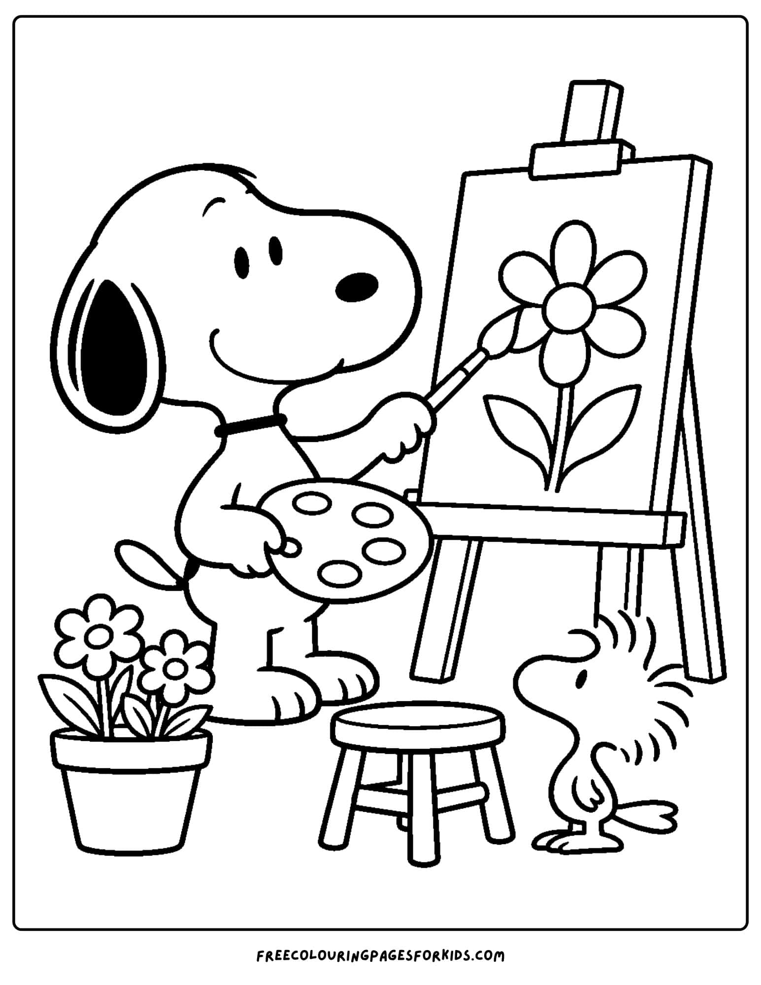 a coloring page of snoopy painting a picture
