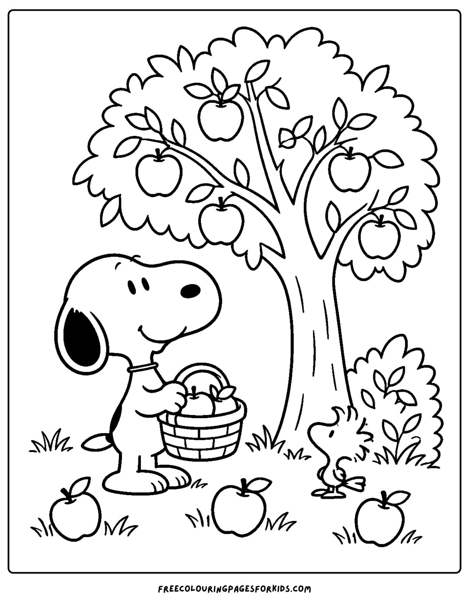 a coloring page of snoopy picking fresh apples