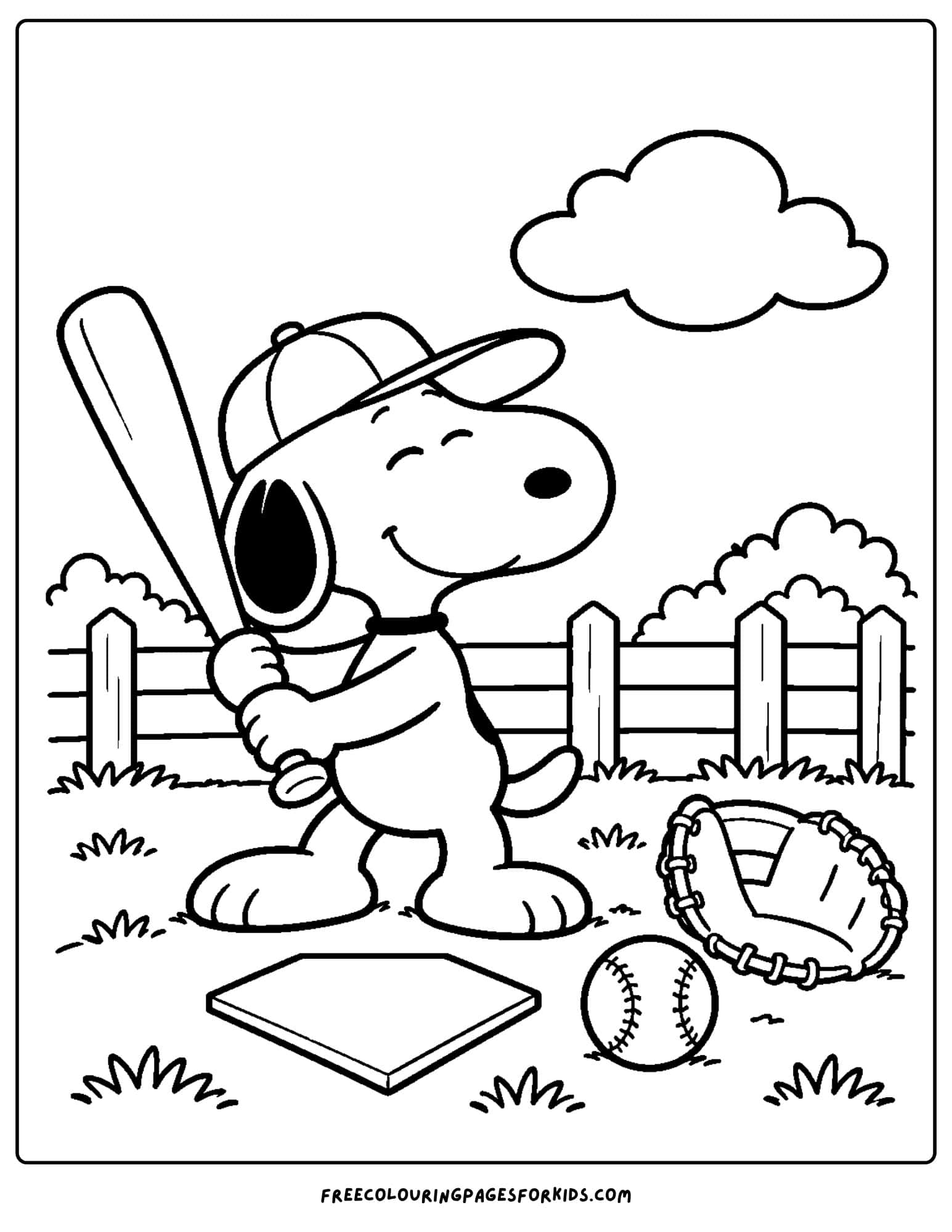 a coloring page of snoopy playing baseball