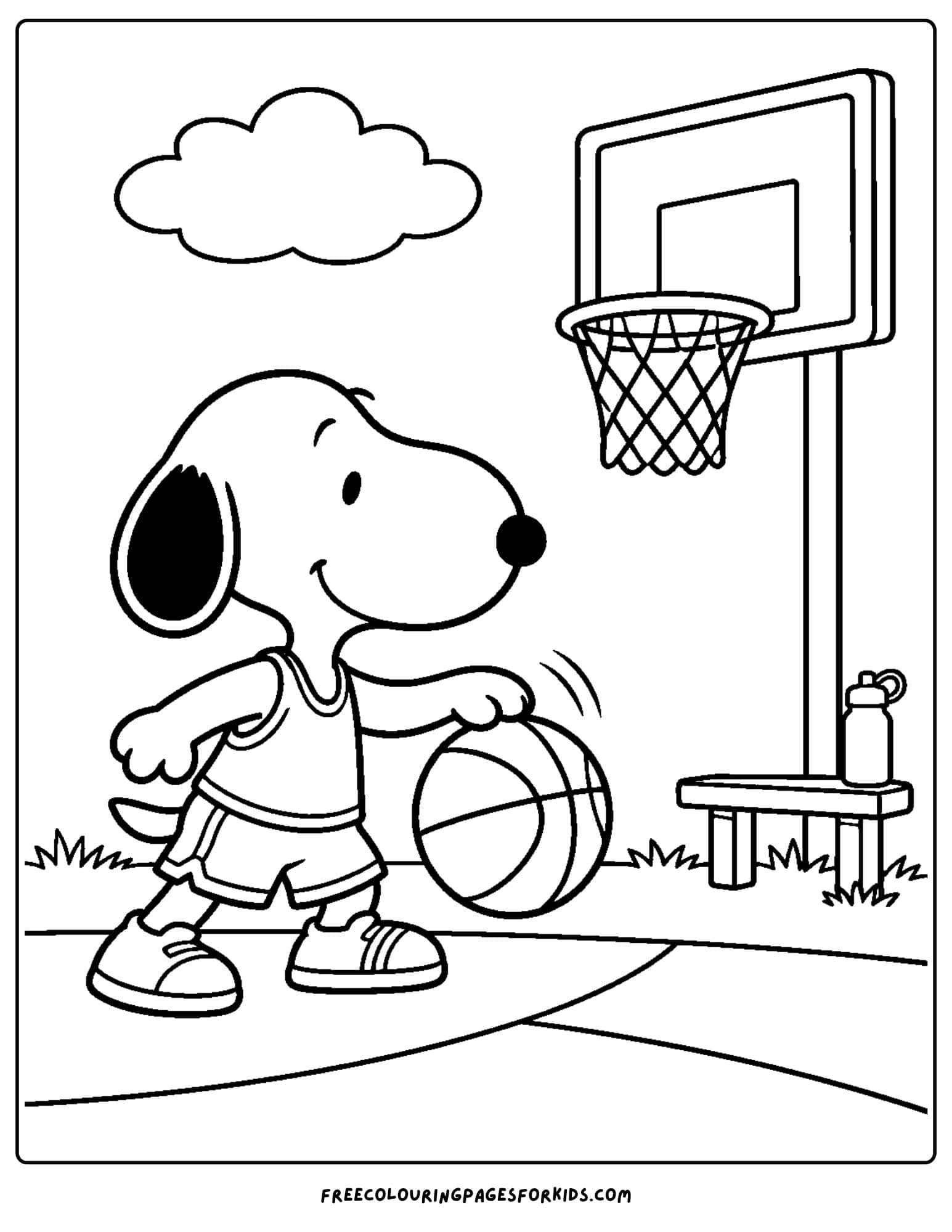 a coloring page of snoopy playing basketball