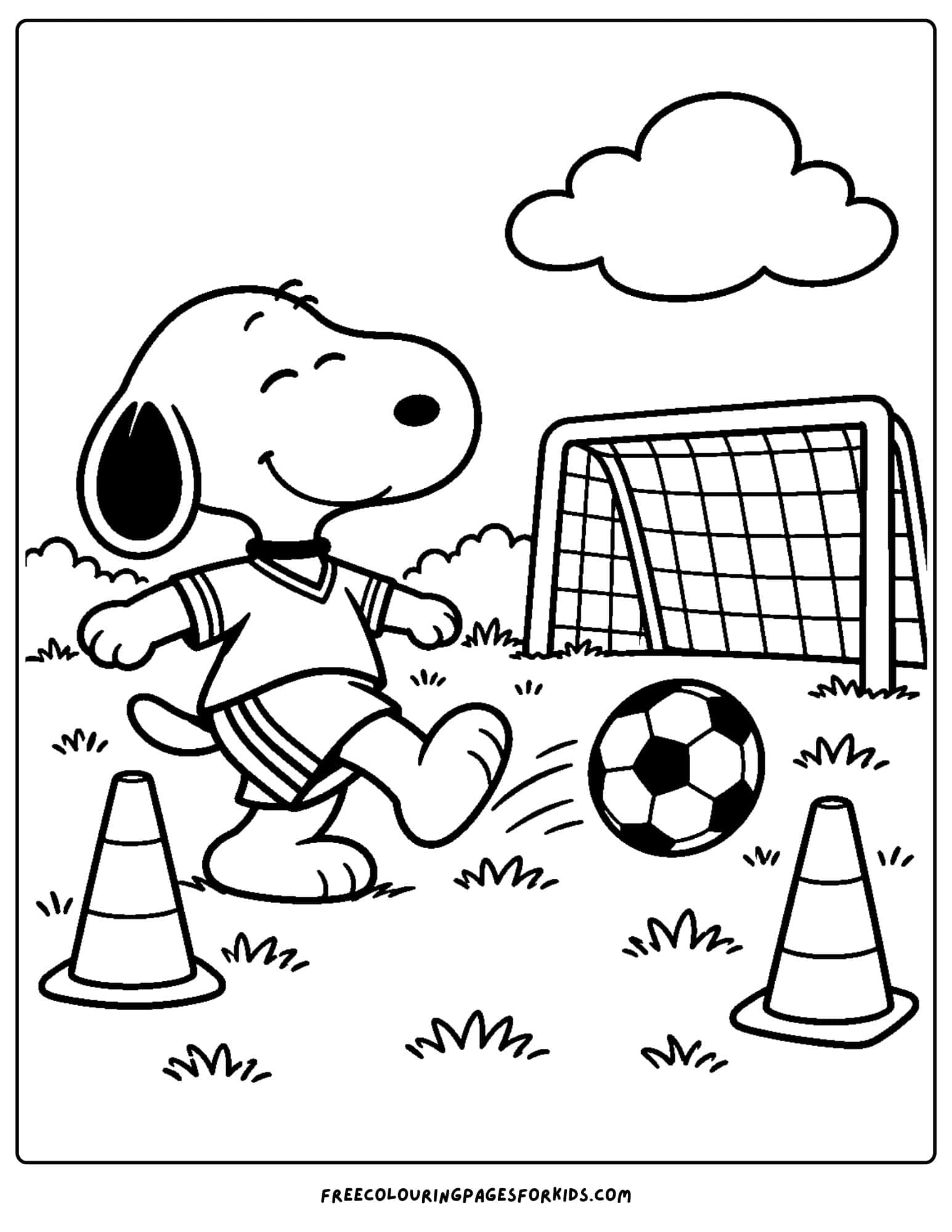 a coloring page of snoopy playing soccer