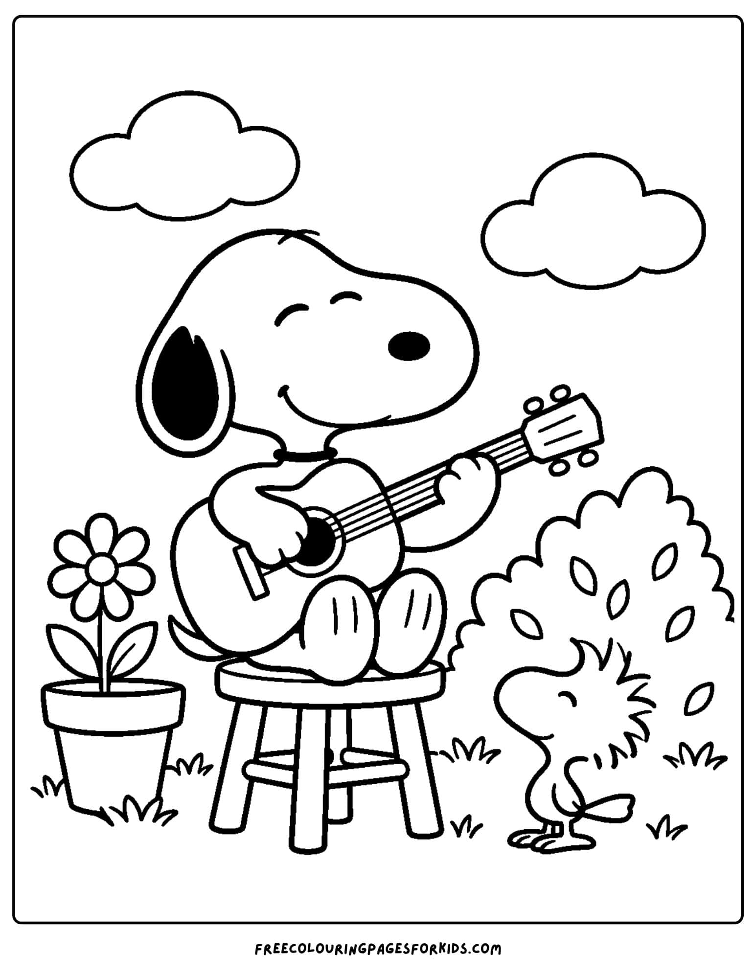 a coloring page of snoopy playing a guitar