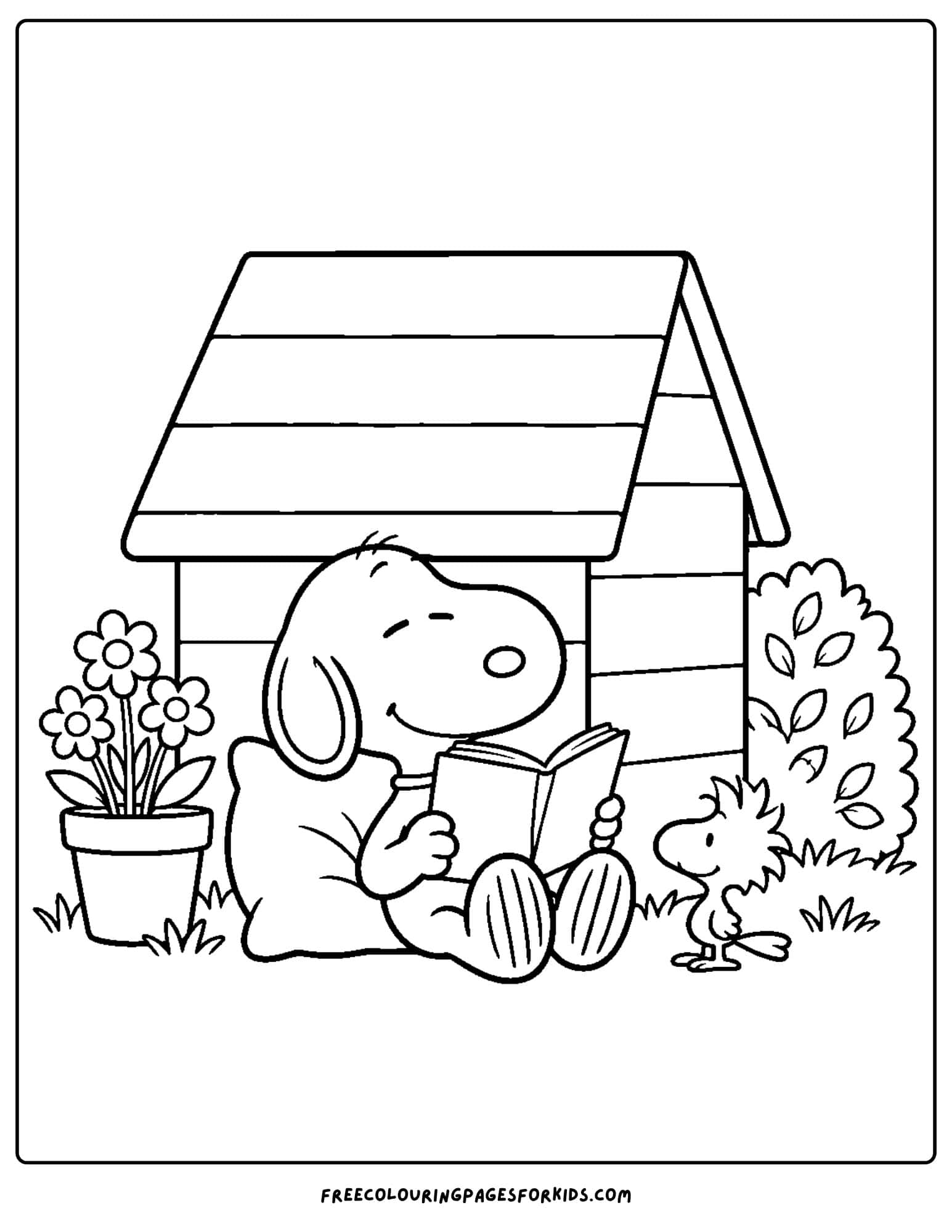 a coloring page of snoopy reading a book beside the doghouse