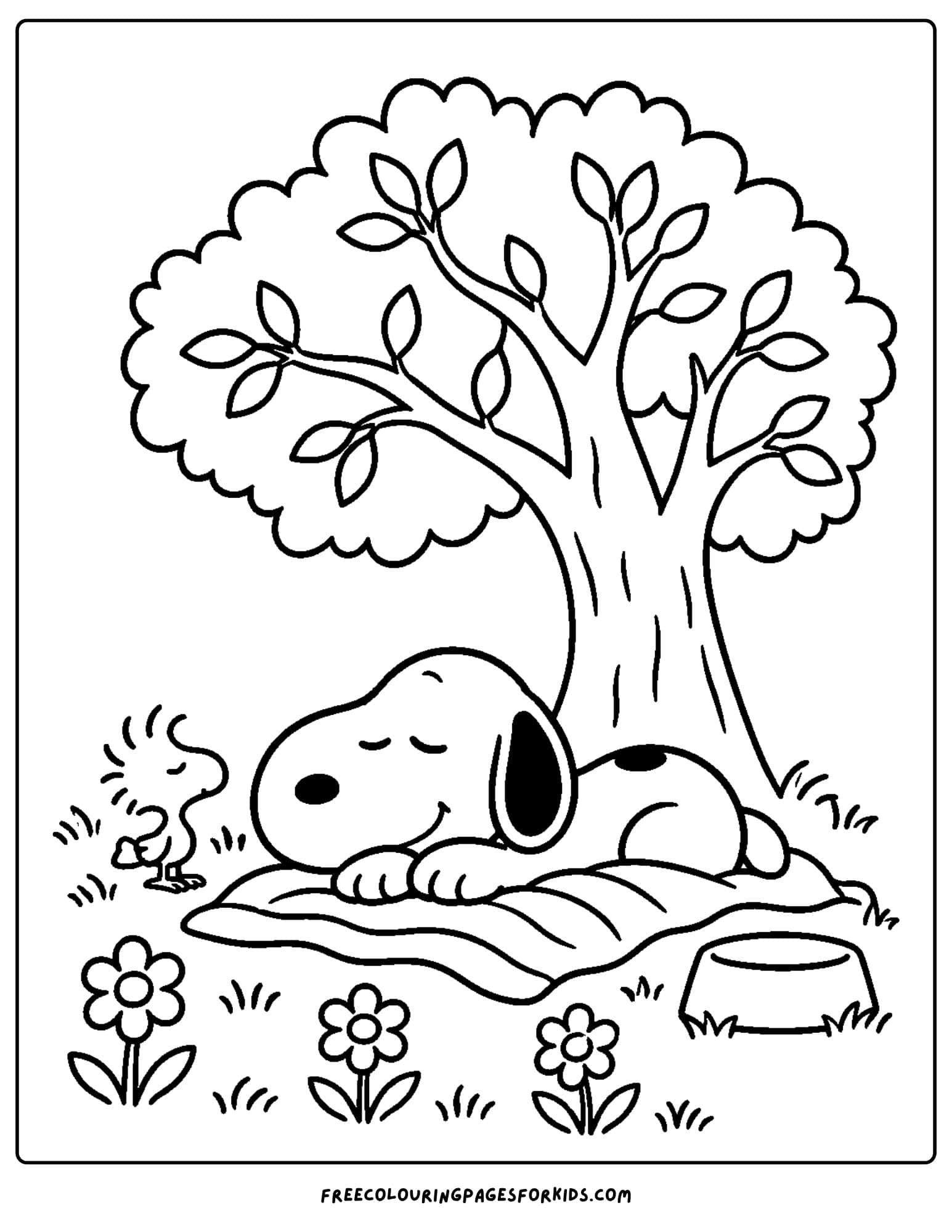 a coloring page of snoopy resting under a tree