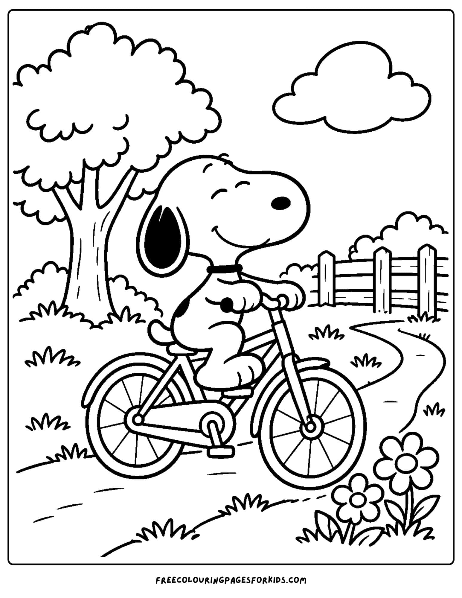 a coloring page of snoopy riding a bicylce
