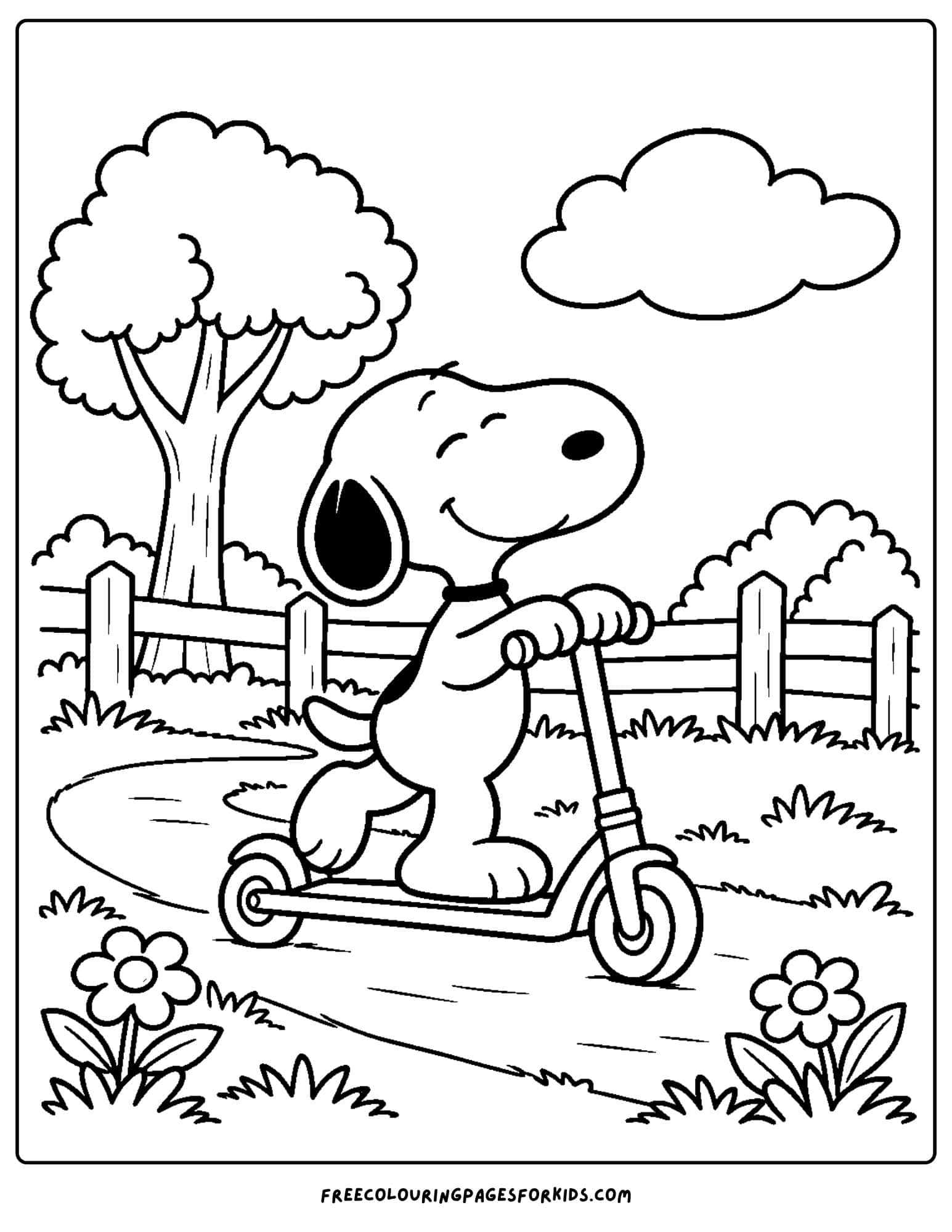 a coloring page of snoopy riding a scooter
