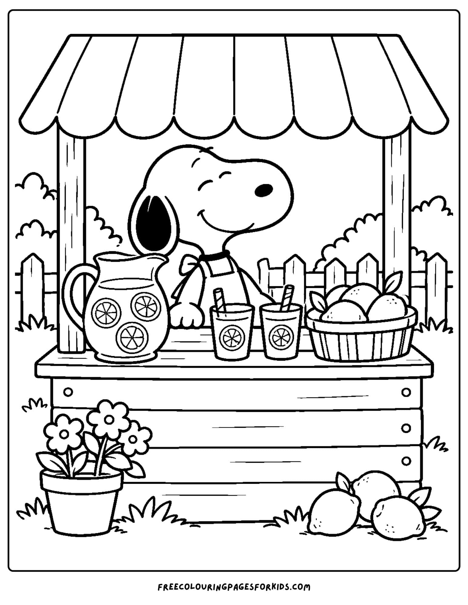 a coloring page of snoopy running a lemonade stand