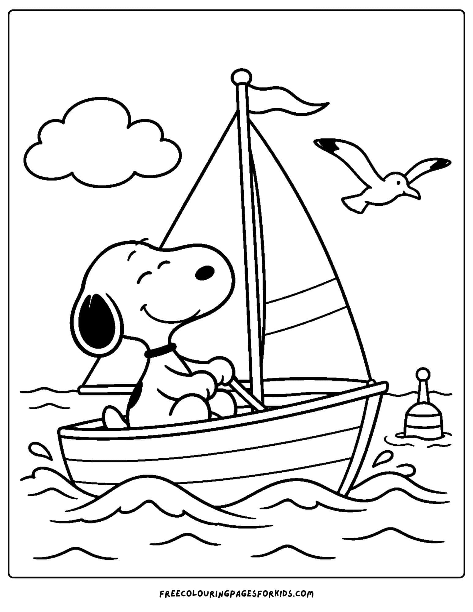 a coloring page of snoopy sailing a boat