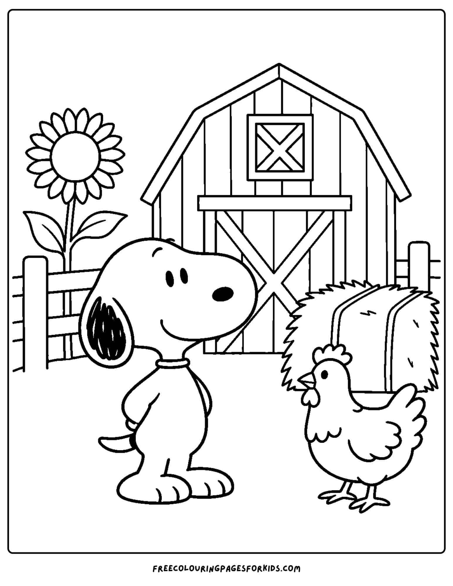 a coloring page of snoopy visiting a farm