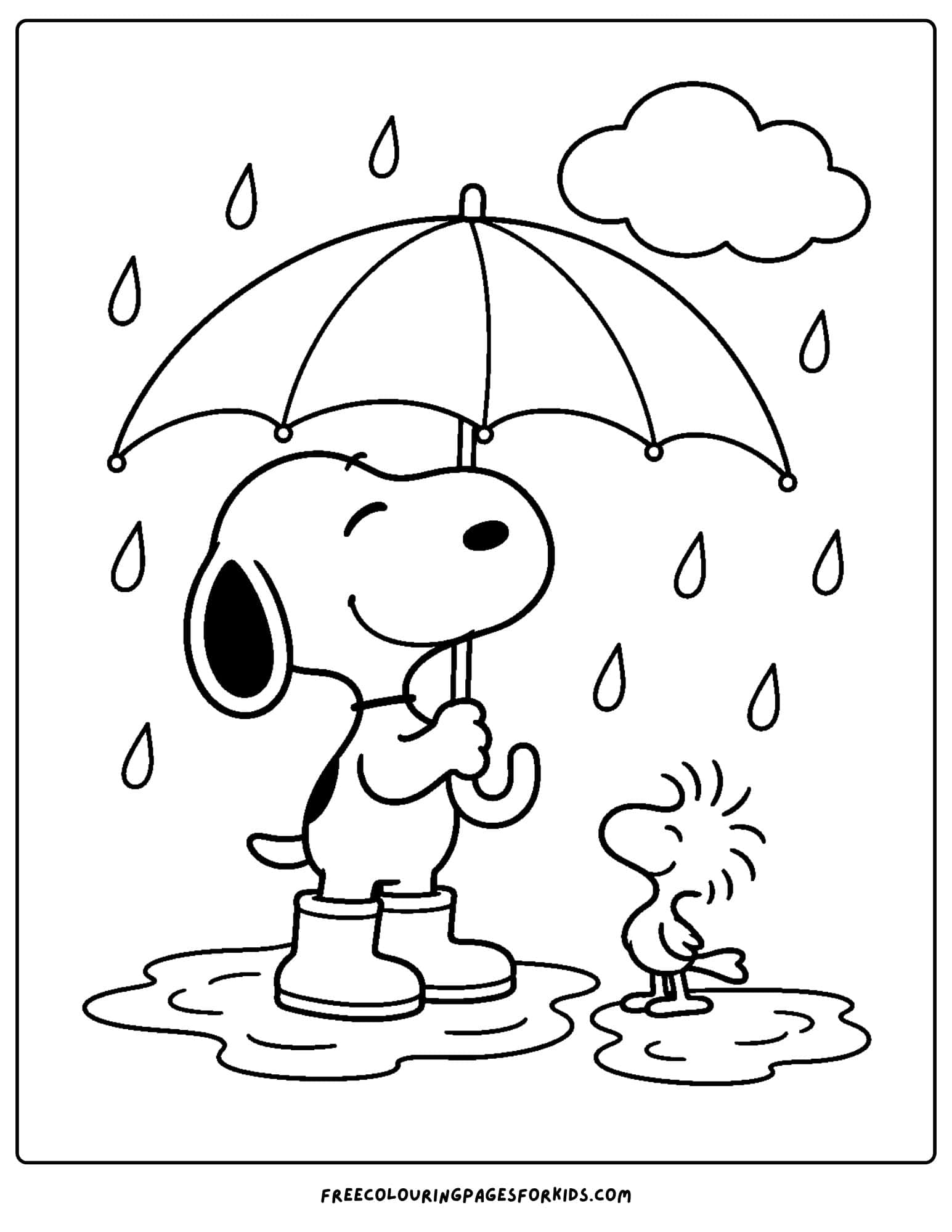 a coloring page of snoopy walking in the rain with an umbrella