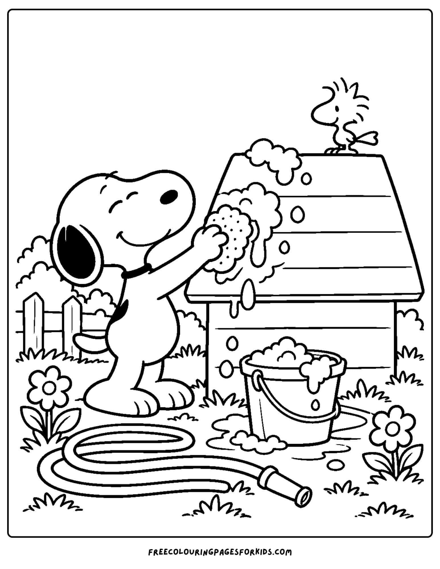 a coloring page of snoopy washing the doghouse