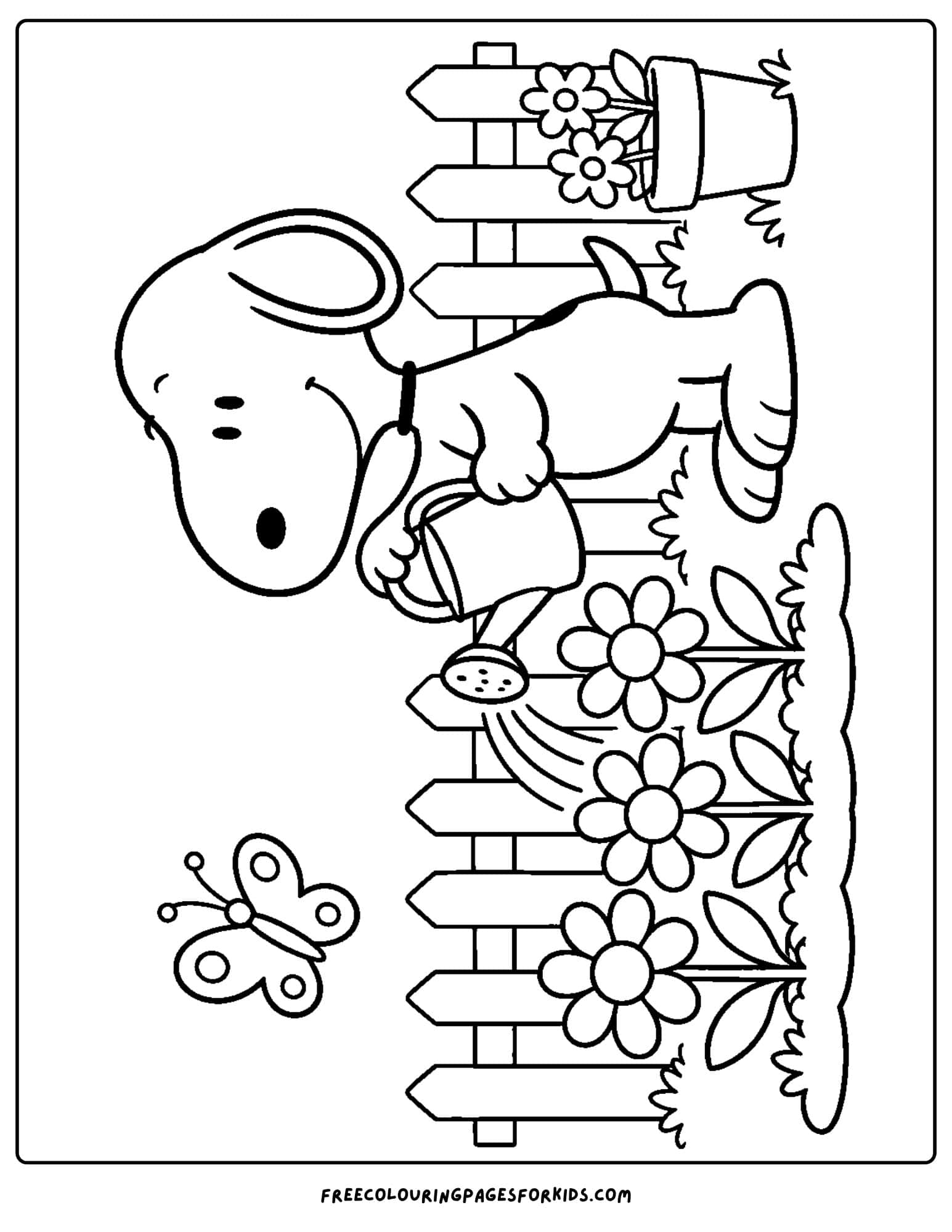 a coloring page of snoopy watering a garden