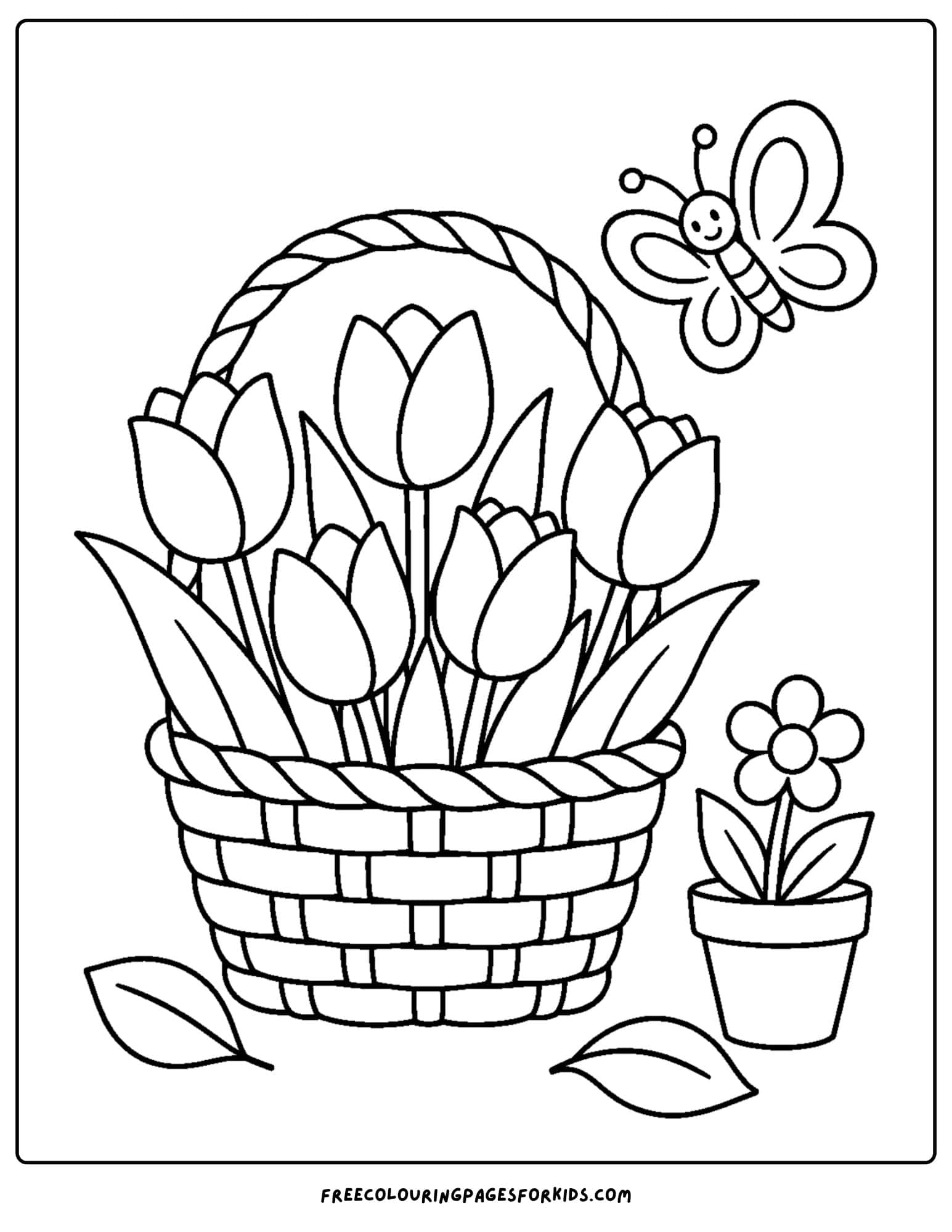 a tulip coloring page showing a basket of freshly picked tulips