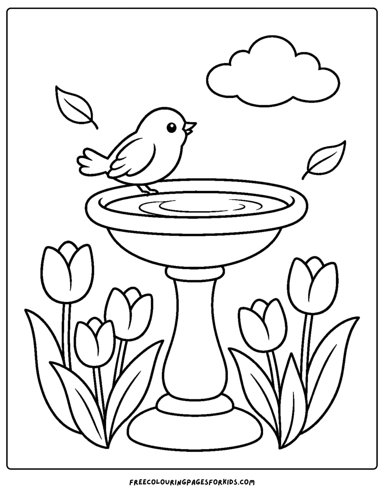 a tulip coloring page showing a bird bath with tulips below it