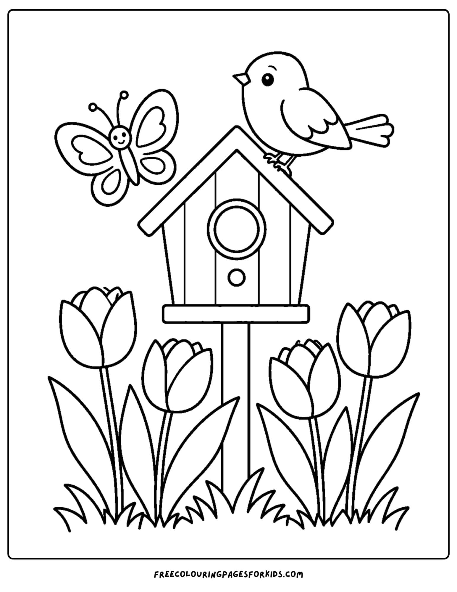 a tulip coloring page showing a birdhouse and tulips growing below